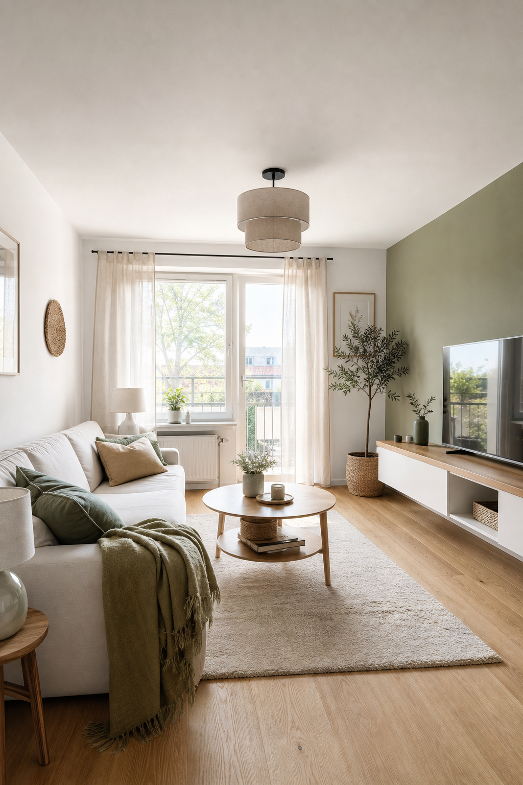 Helles Wohnzimmer grüne Wand weiße Möbel