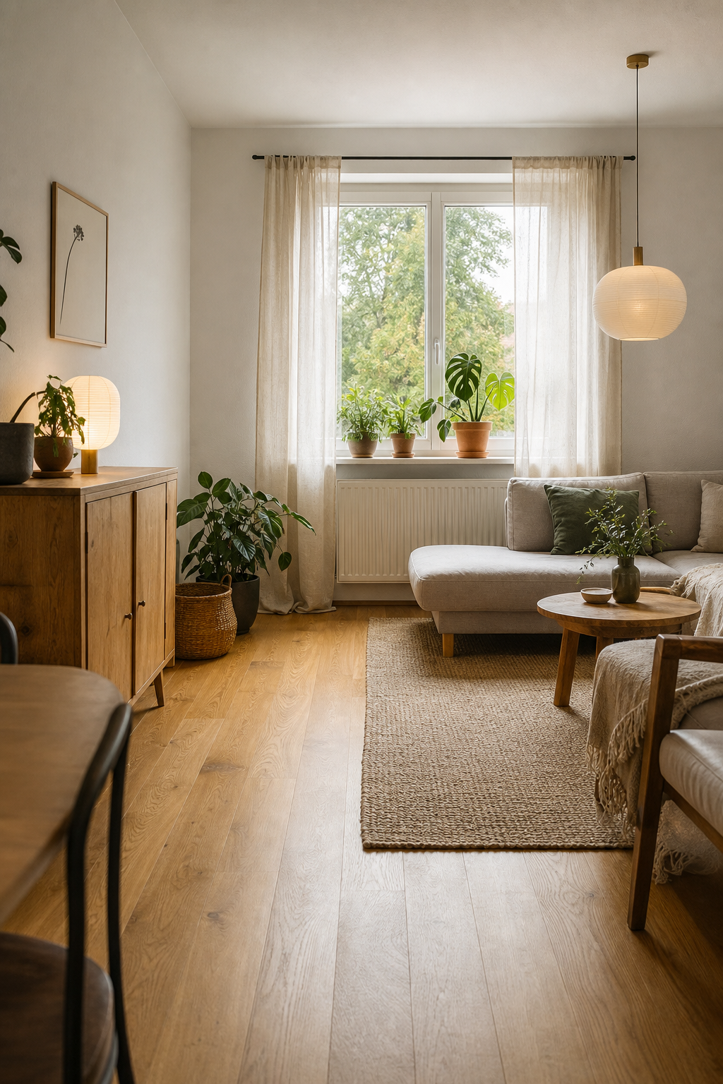 helle Fensterbank mit schlichten Pflanzen