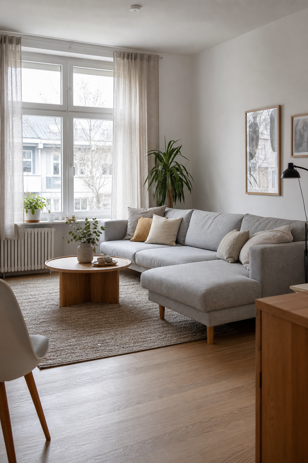 hellgraues sofa im skandinavischen wohnzimmer