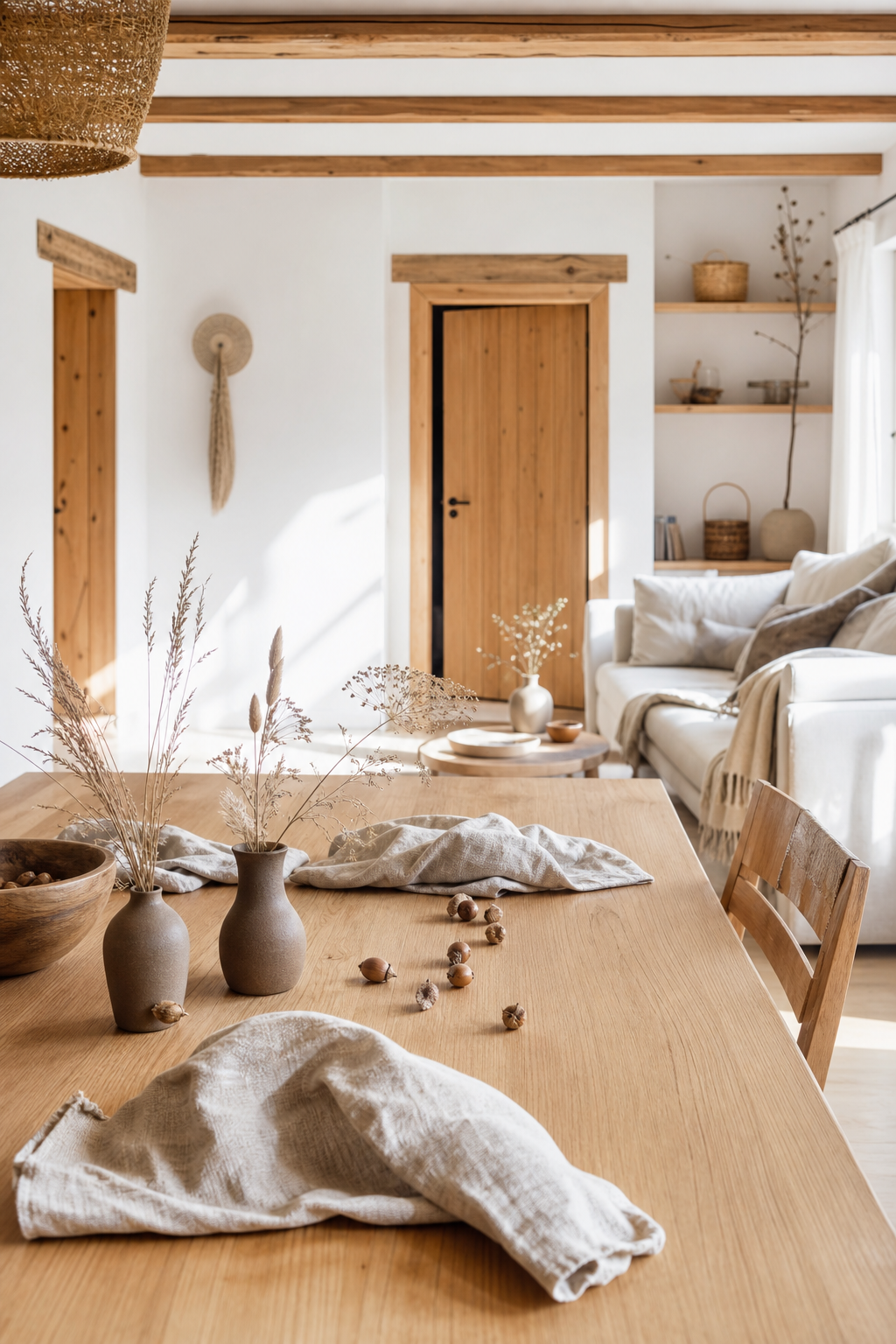 Herbstlicher Holztisch mit braunen Vasen
