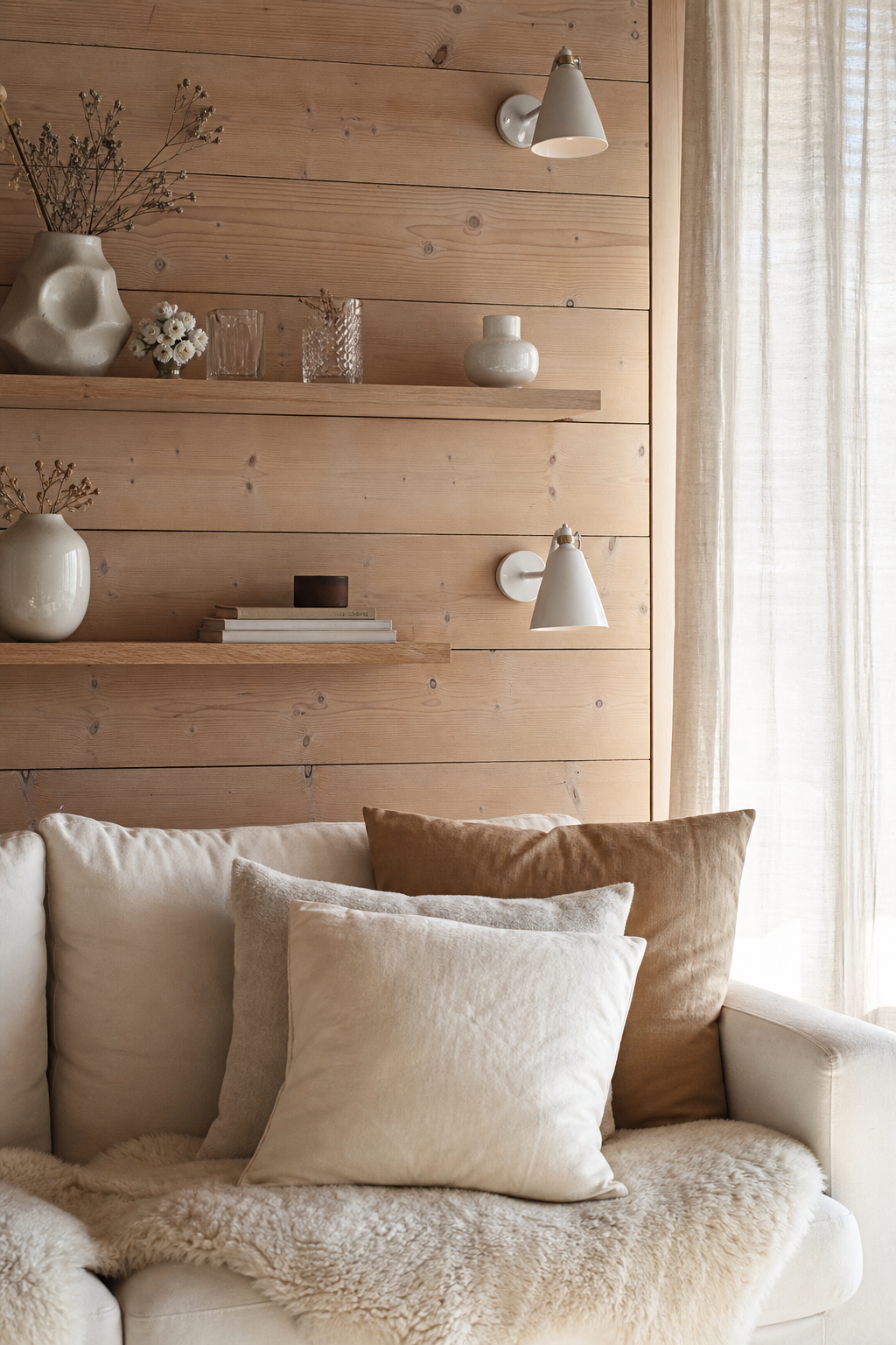 Holz-Akzentwand im sanften Wohnbereich mit Leuchten