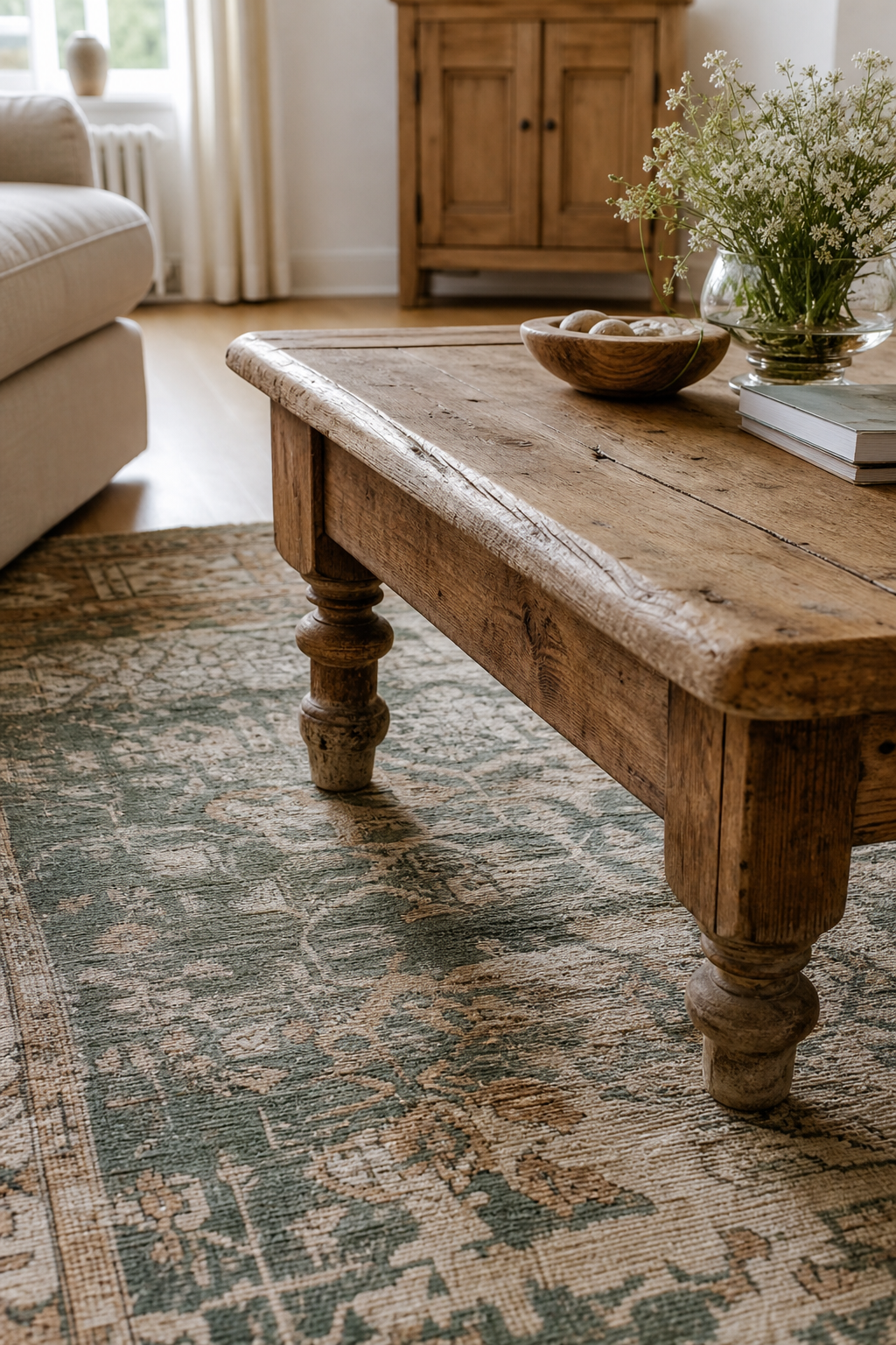 Holz couchtisch auf vintage teppich nahaufnahme