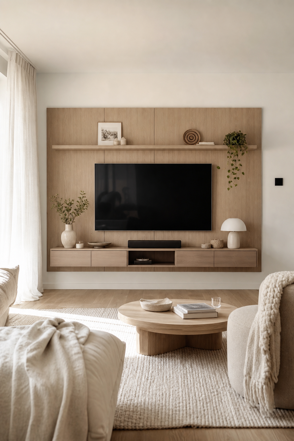 Holz-TV-Wand mit weißer Front