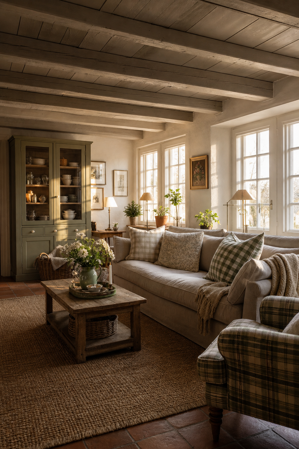 Holzbalken über Sofa und Sessel