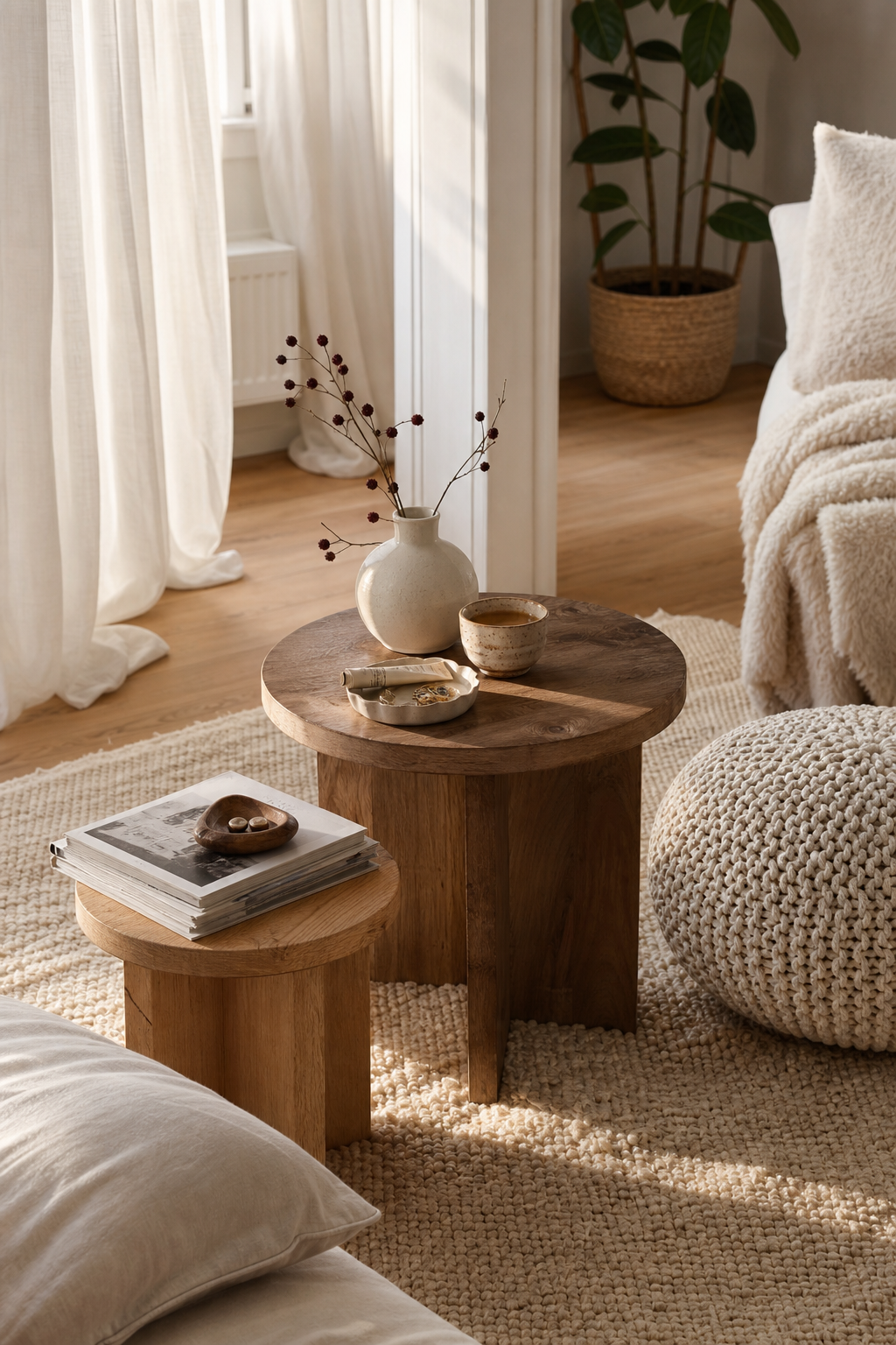 Holzbeistelltisch neben Pouf auf Teppich