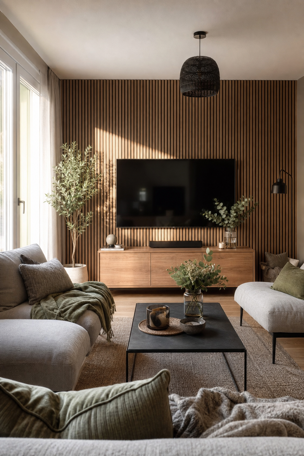 Holzlamellenwand hinter dem Fernseher