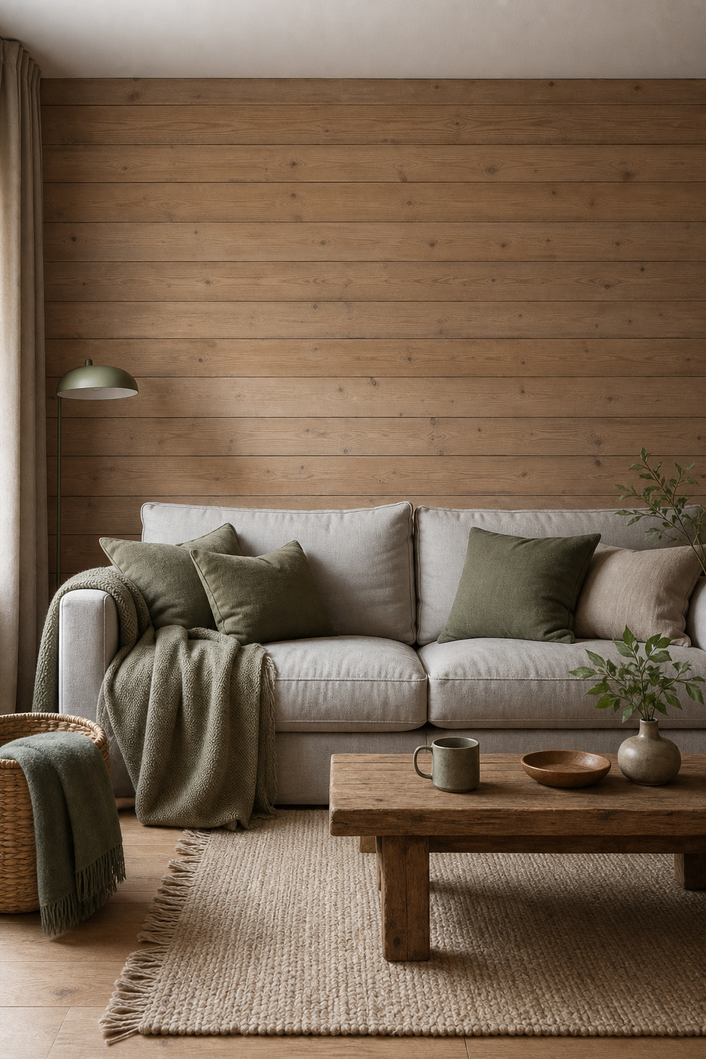 Holzpaneel-Wand hinter Sofa, horizontale Maserung