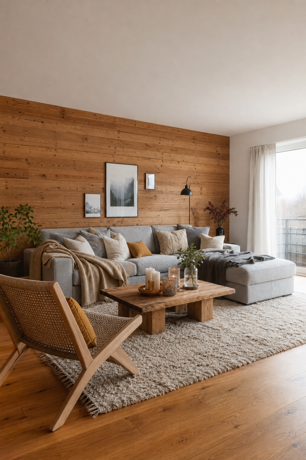 modernes wohnzimmer holzpaneele warme stimmung