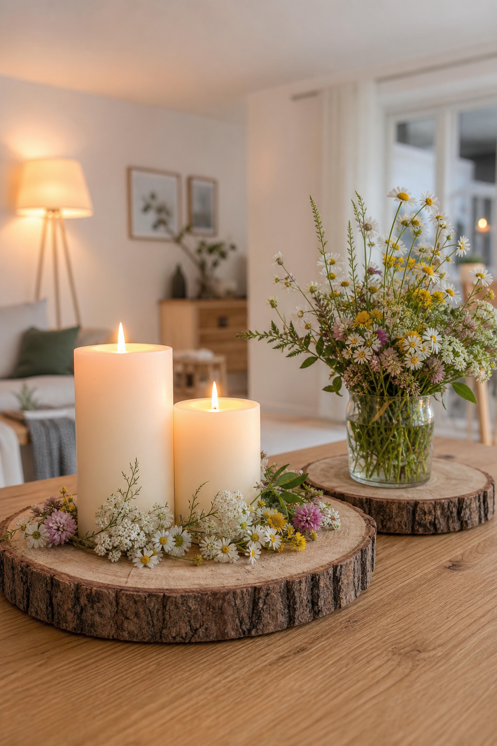 Holzscheiben mit Kerzen und Wiesenblumen