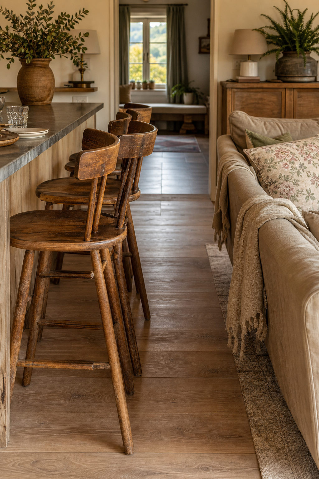 Holzstuhle am tresen neben sofa