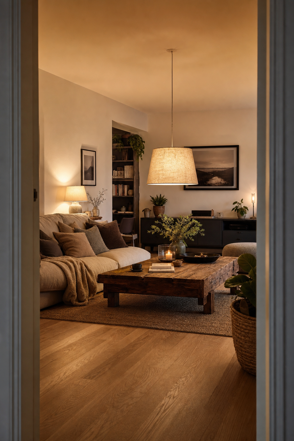 Recycelter Holztisch im fensterlosen Wohnzimmer