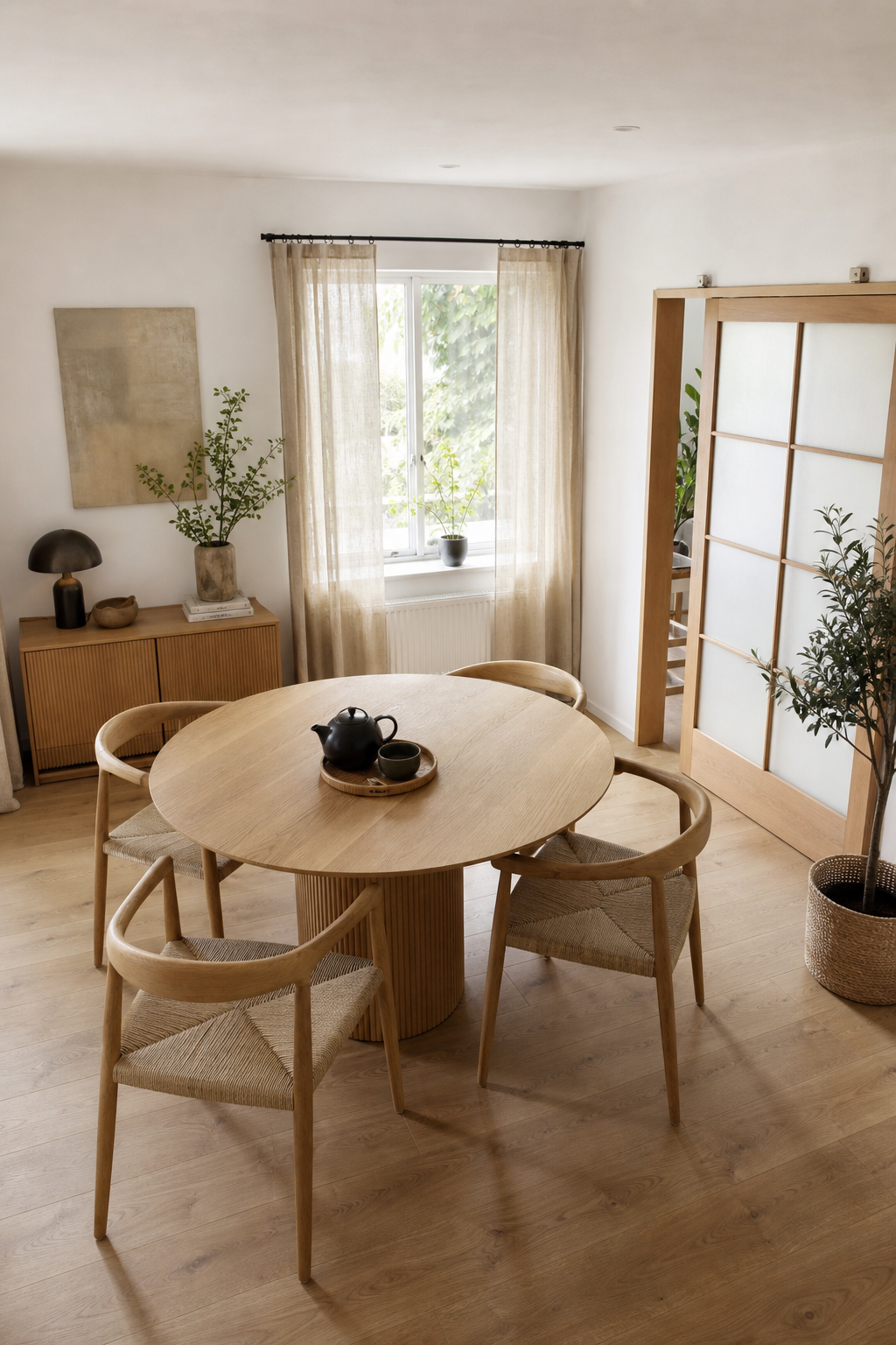 Japandi kleines Esszimmer runder Holztisch
