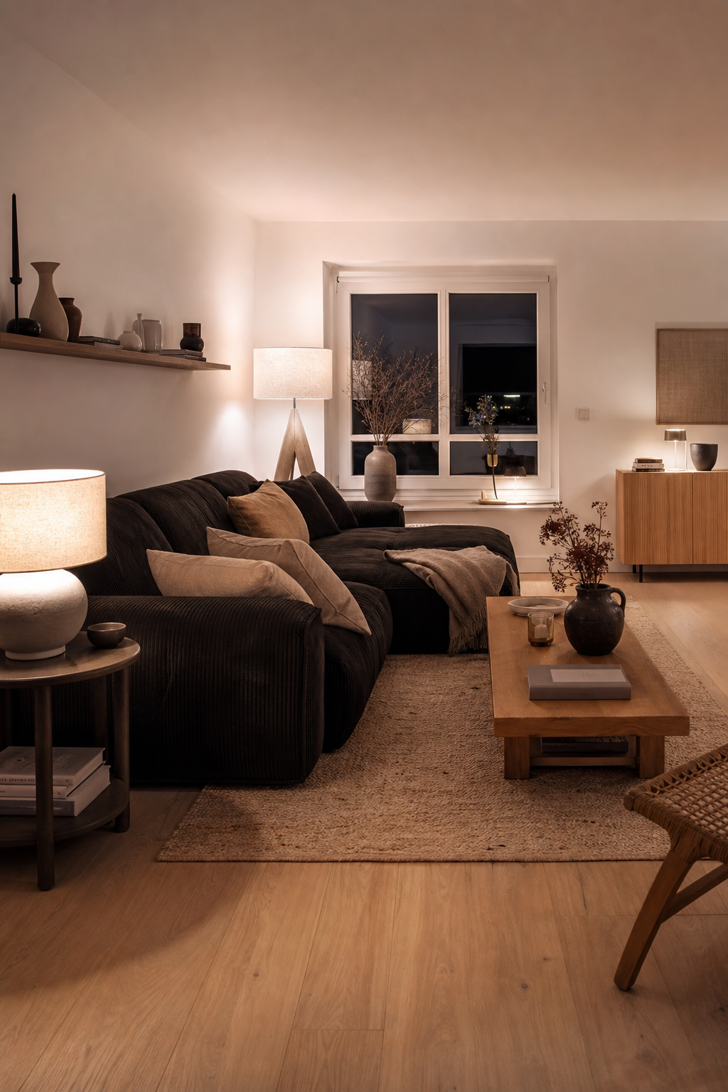 Japandi Wohnzimmer dunkles Cord Sofa neutral