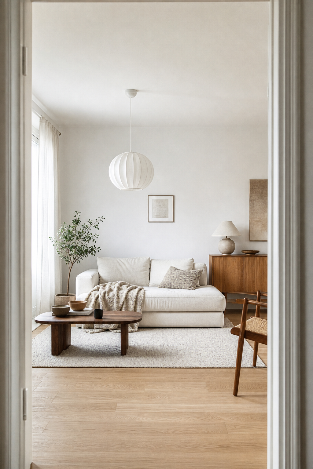 Japandi Wohnzimmer mit Holz und Weiß