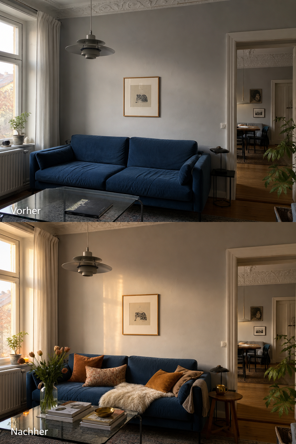 Kleines Altbau-Wohnzimmer vorher nachher