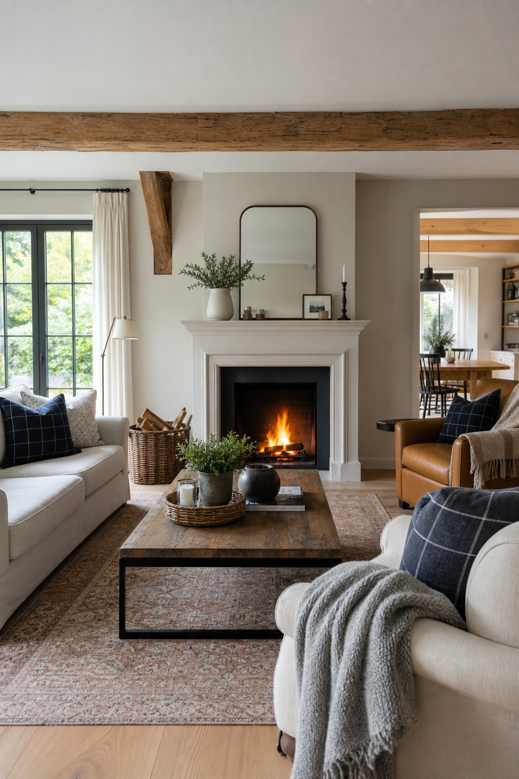 Offener Landhausraum mit Kamin als Fokus