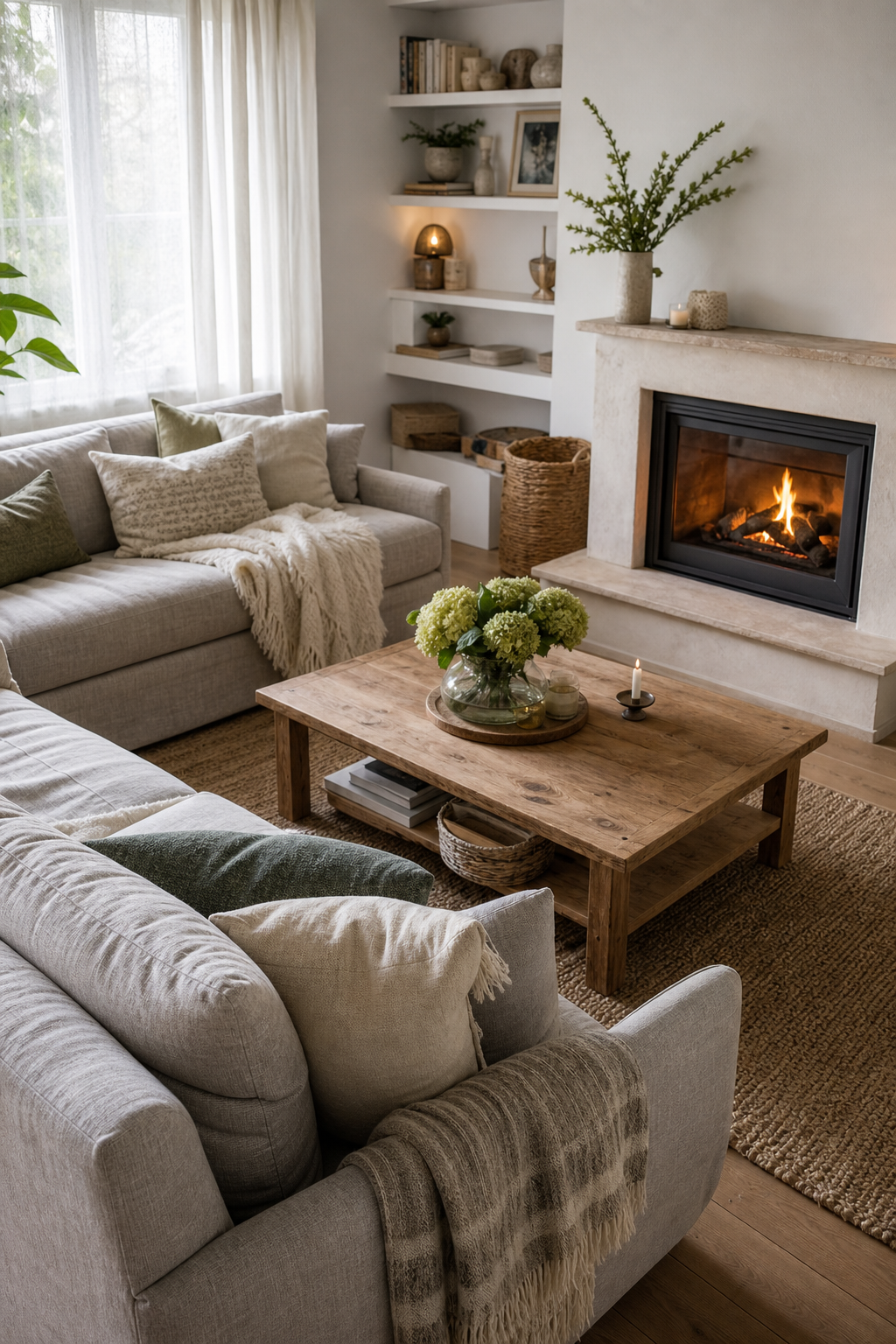 Zwei Sofas gegenüber vor Kamin mit Teppich