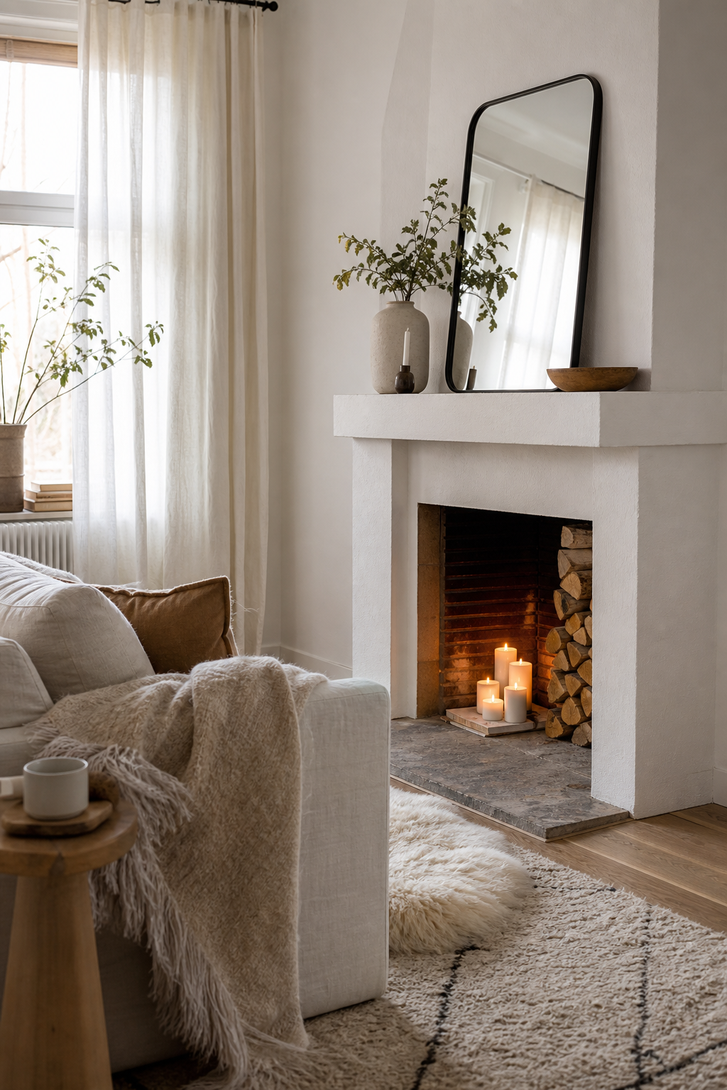 Kaminplatz mit creme sofa und kerzen