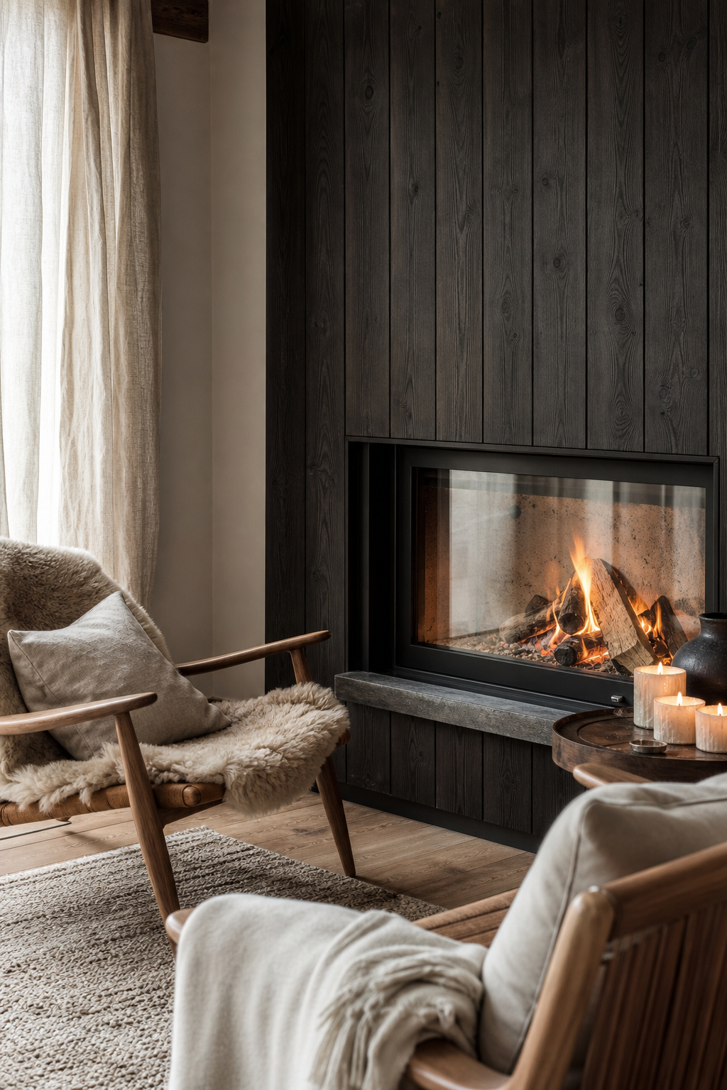 Kaminlounge mit dunkler Holzverkleidung