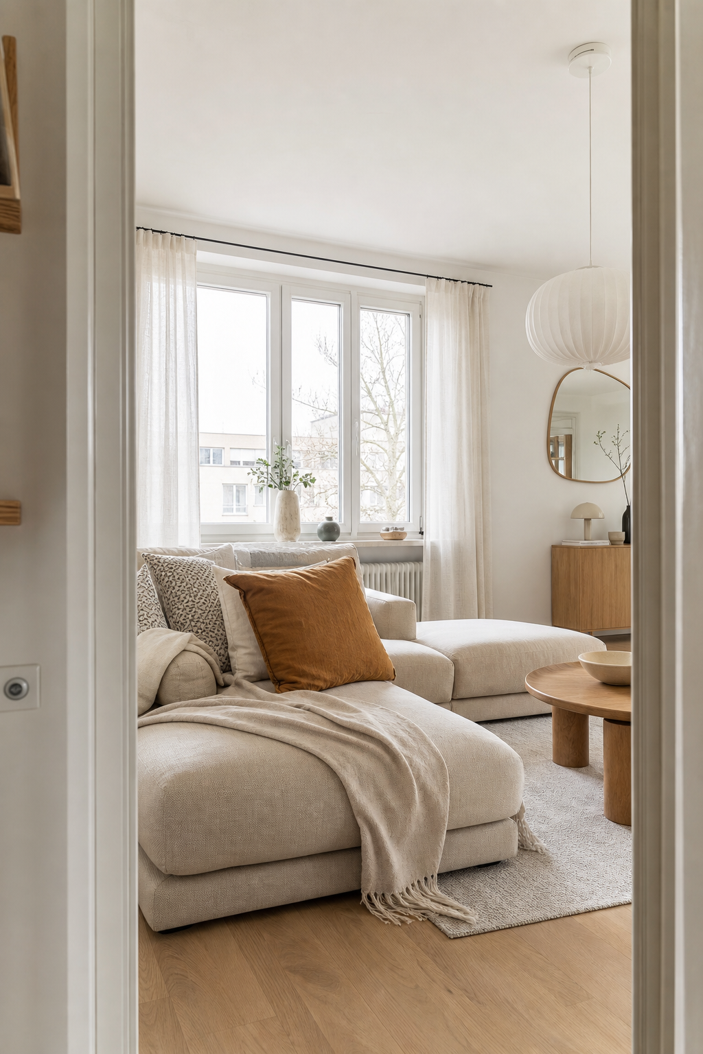 Karamellkissen auf beigem Sofa, skandinavisch
