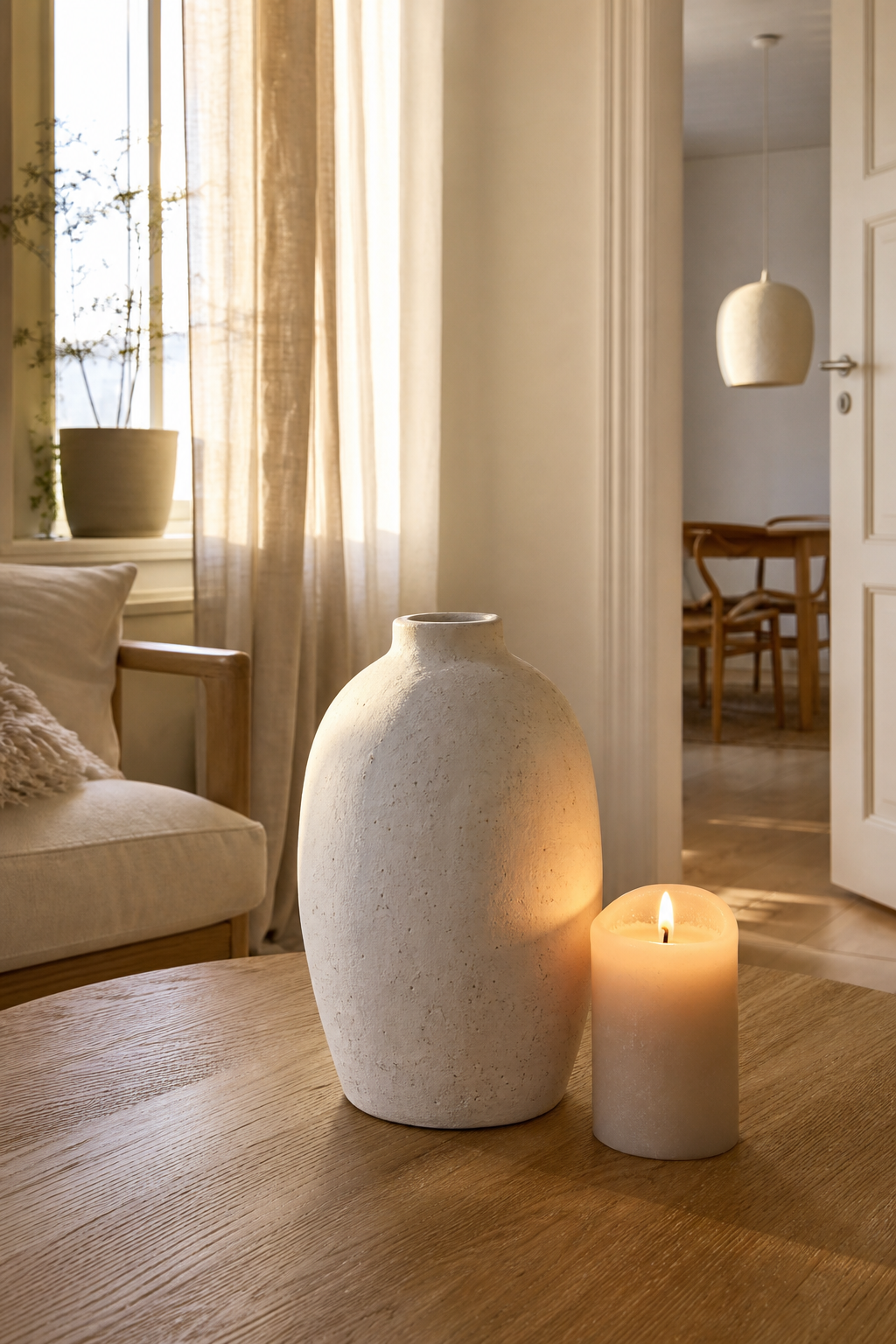 matte keramikvase mit dicker stumpenkerze frontal
