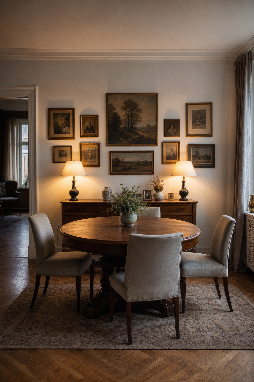 Runder Vintage-Tisch unter Galerie-Wand
