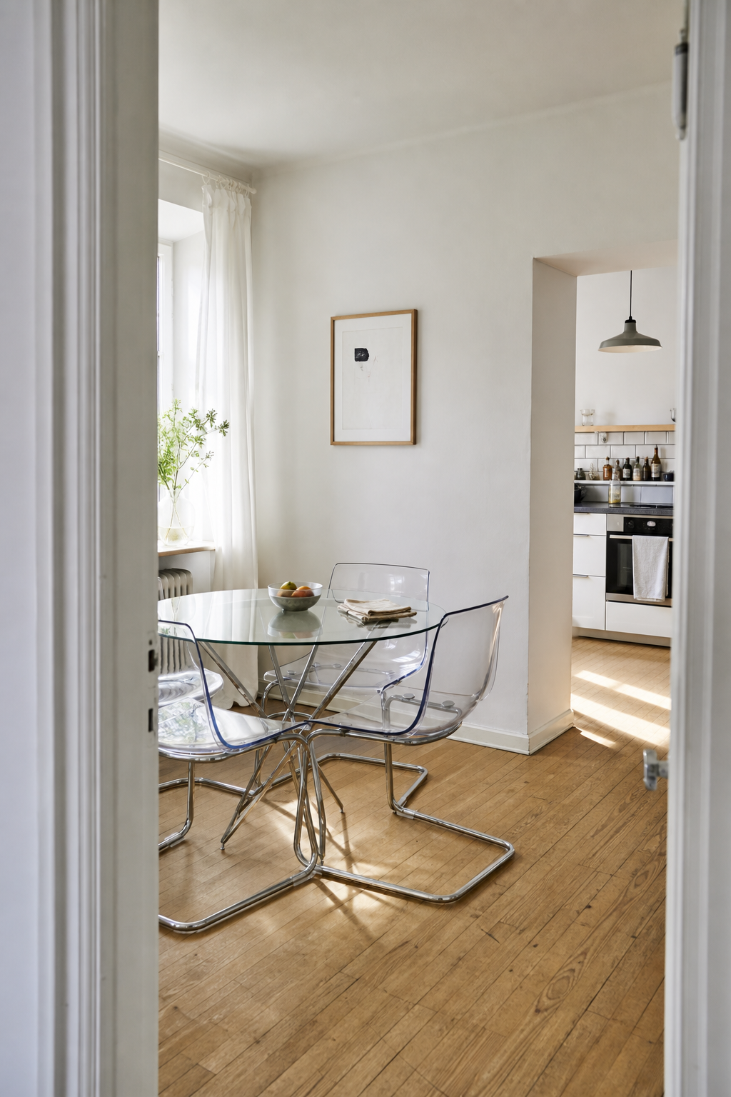 kleiner essbereich glastisch transparente stühle helle wand