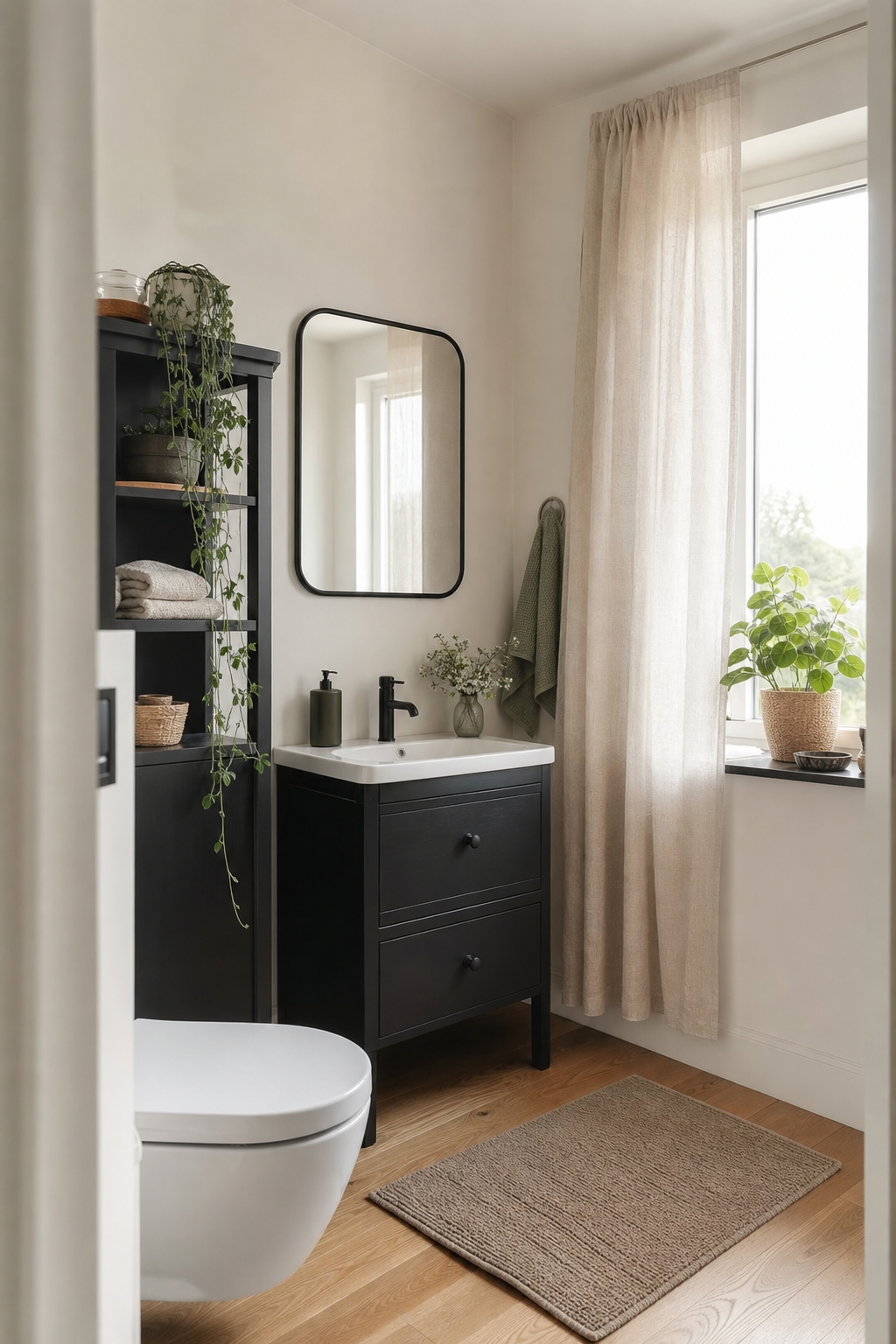 Kleines Gäste-WC mit schwarzem Waschtisch