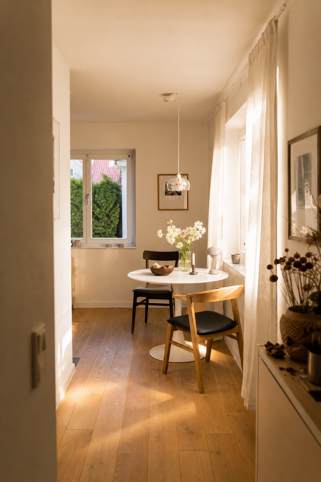 Kleines helles Esszimmer mit rundem weißen Tisch