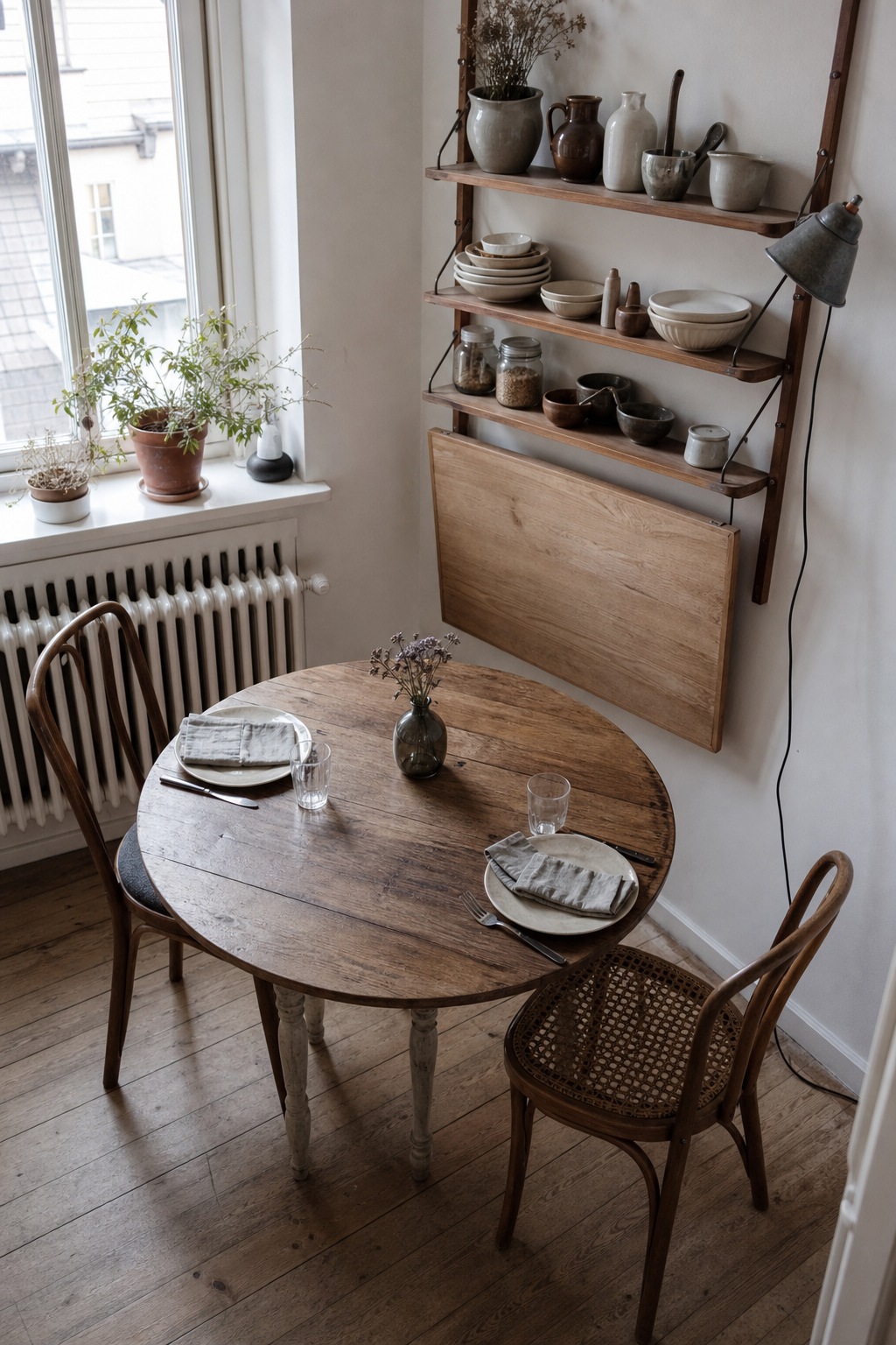 Kleines Esszimmer mit rundem Vintage-Tisch