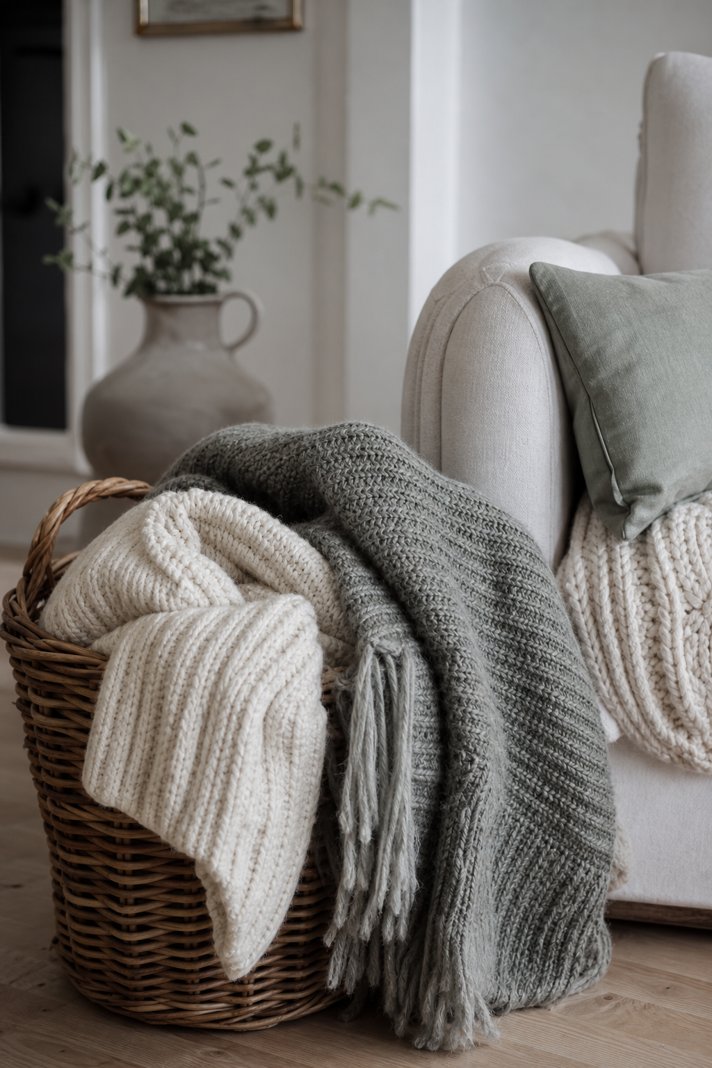 Korb mit Wolldecken im Shabby-Wohnzimmer