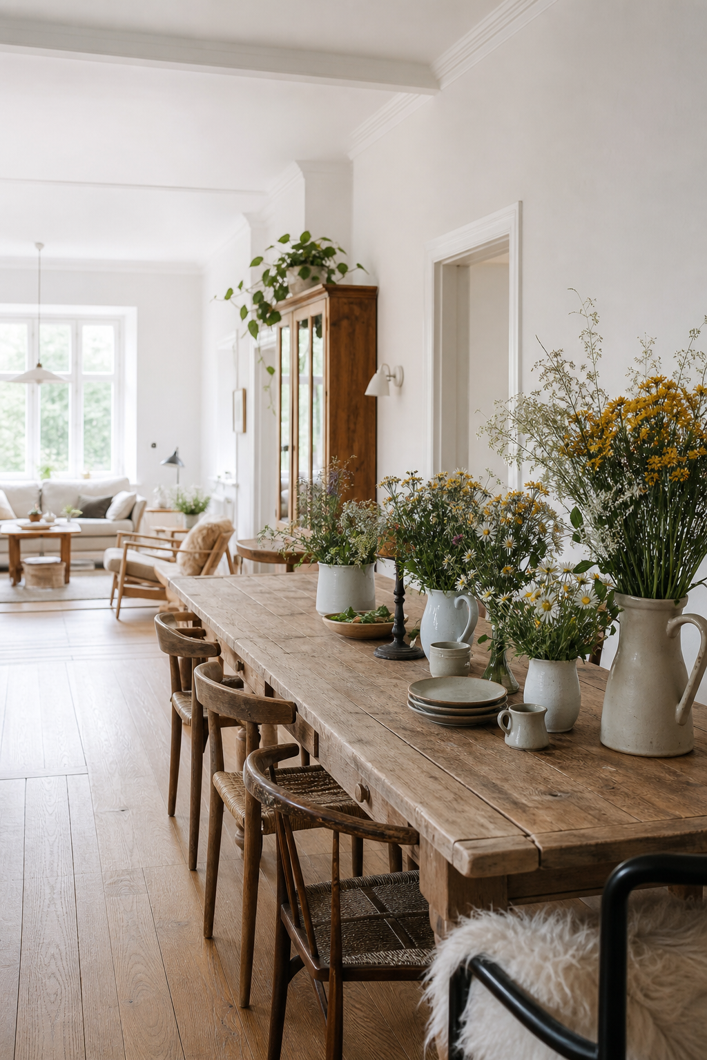 landhaus tisch mit gemischten wildblumen