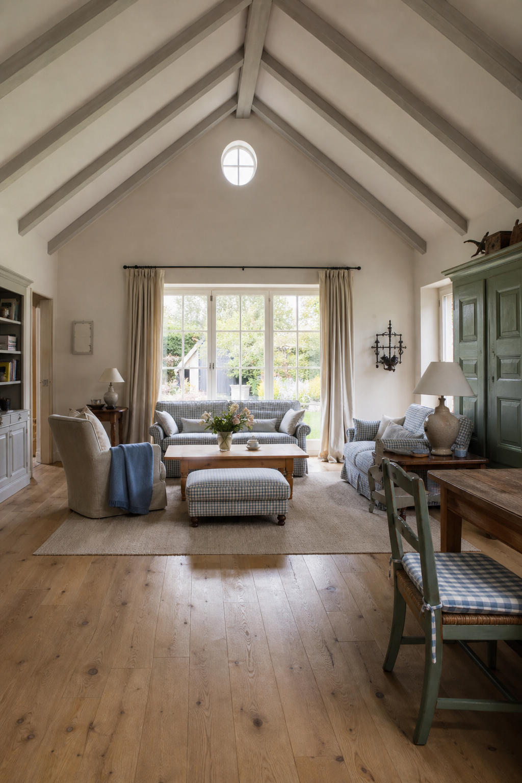 Landhauswohnzimmer mit hoher Giebelhöhe
