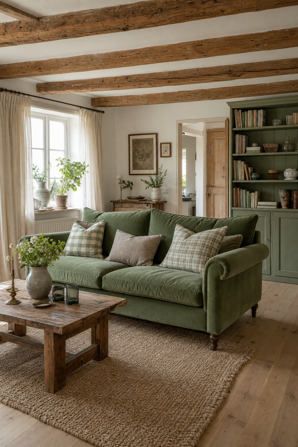 Landhaus-Wohnzimmer mit grünem Samtsofa und Holzbalken