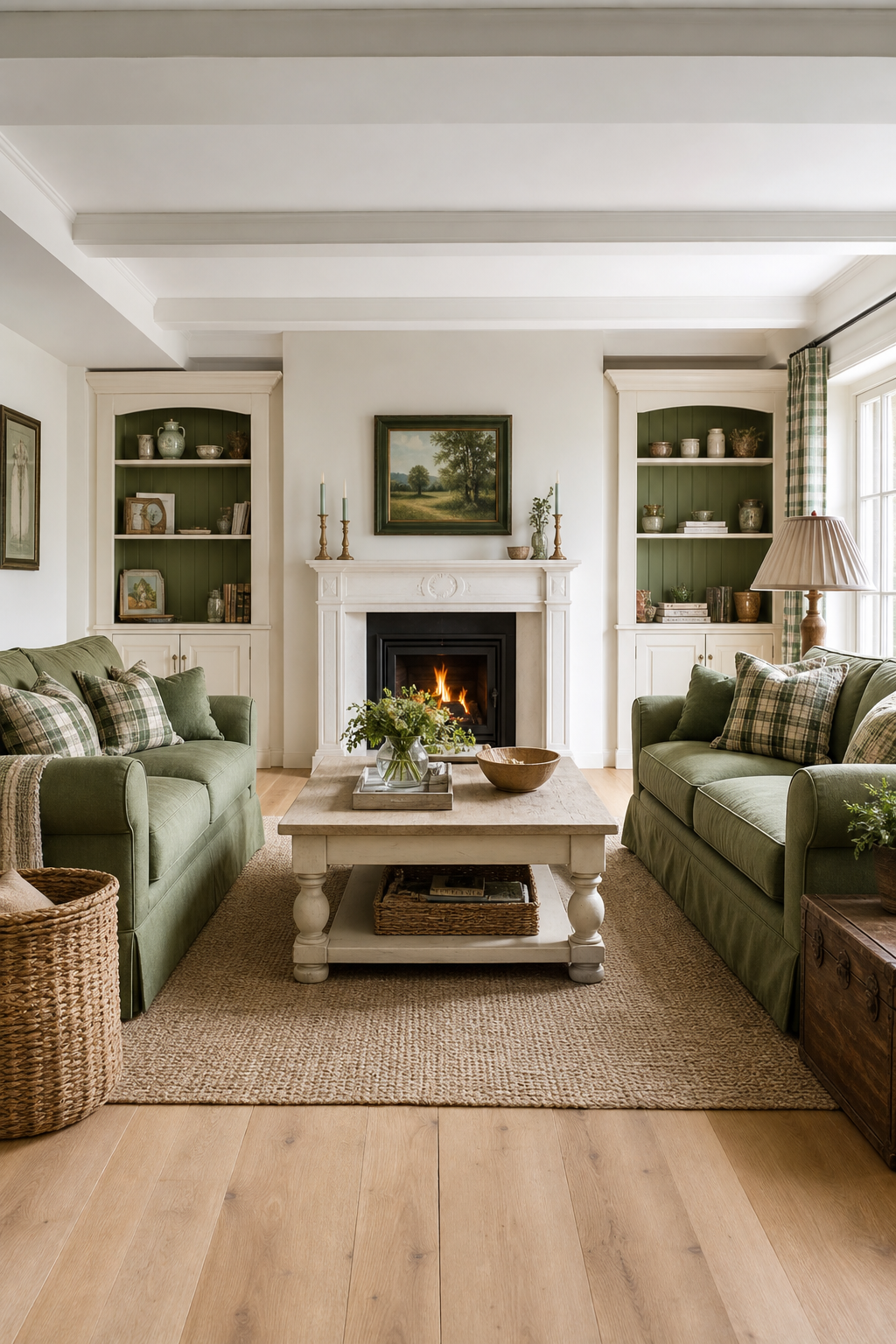 grünes sofa vor kamin wohnzimmer