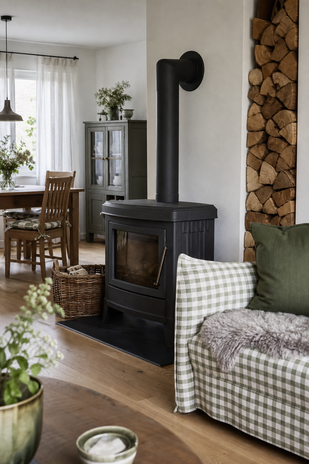 Holzofen mittig im Landhauswohnzimmer