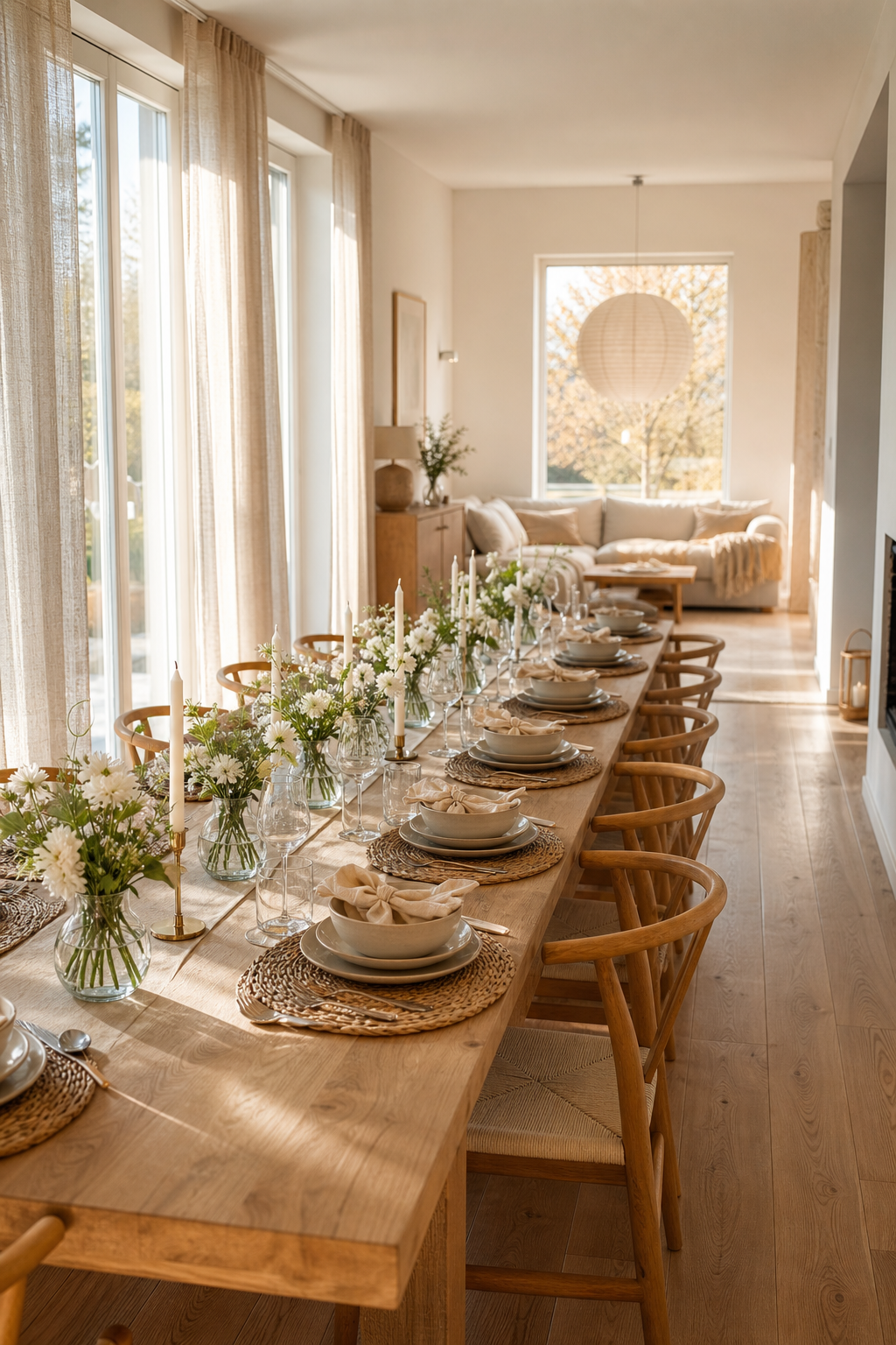 Lange Tafel mit durchgehender Vasenlinie