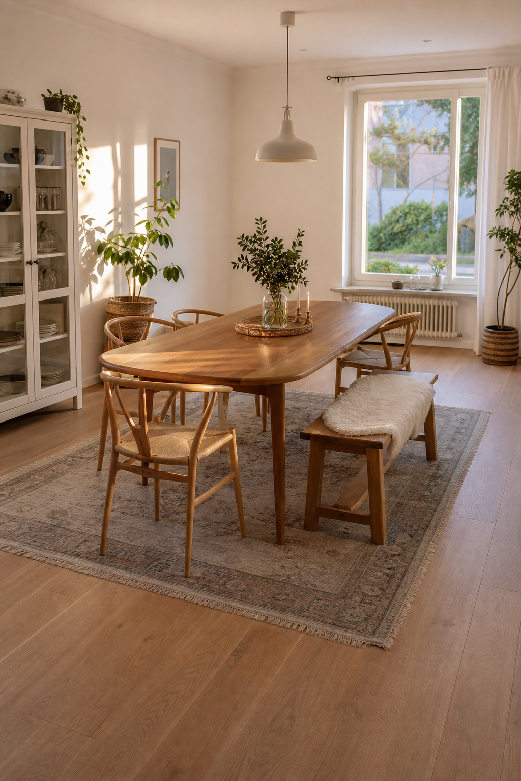 Langes Esszimmer mit Bank an Wand