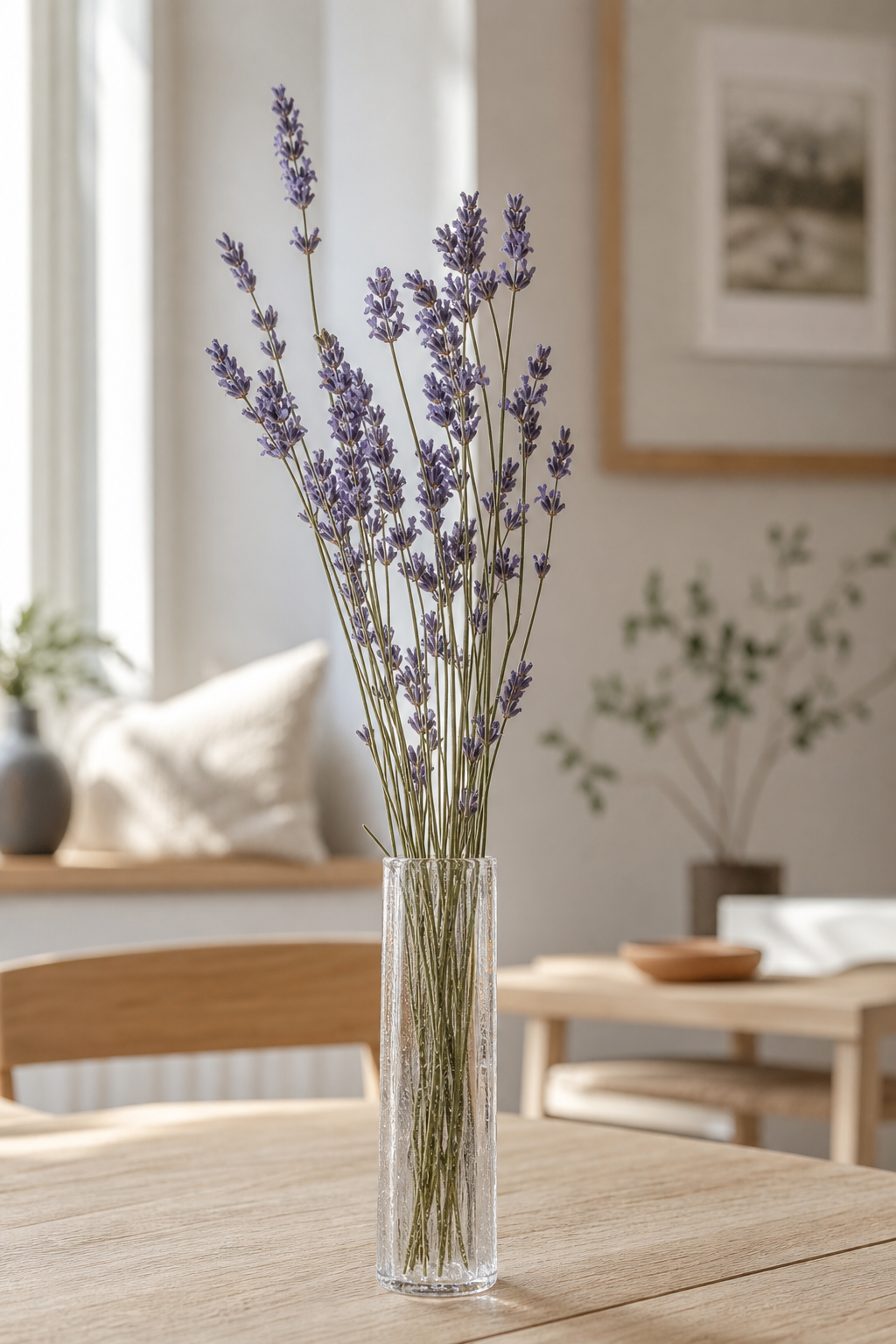 Lavendel papierblüten in schmaler vase