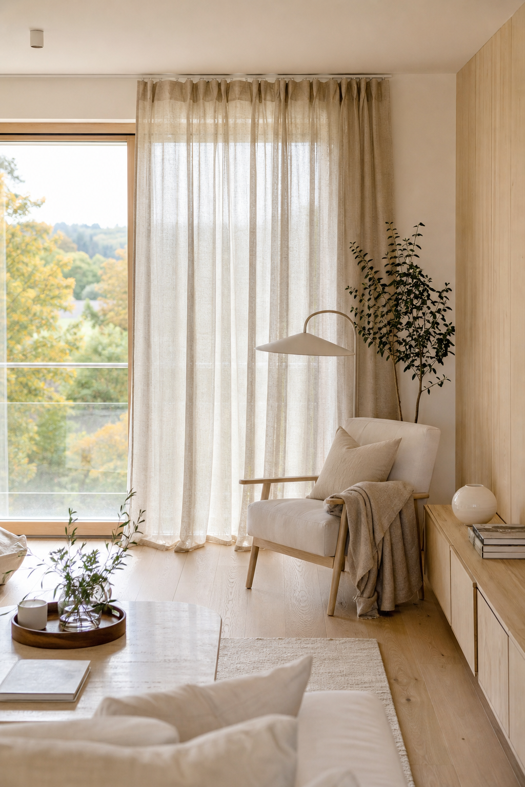 Leinenvorhänge an heller Eichenholzwand im Wohnzimmer