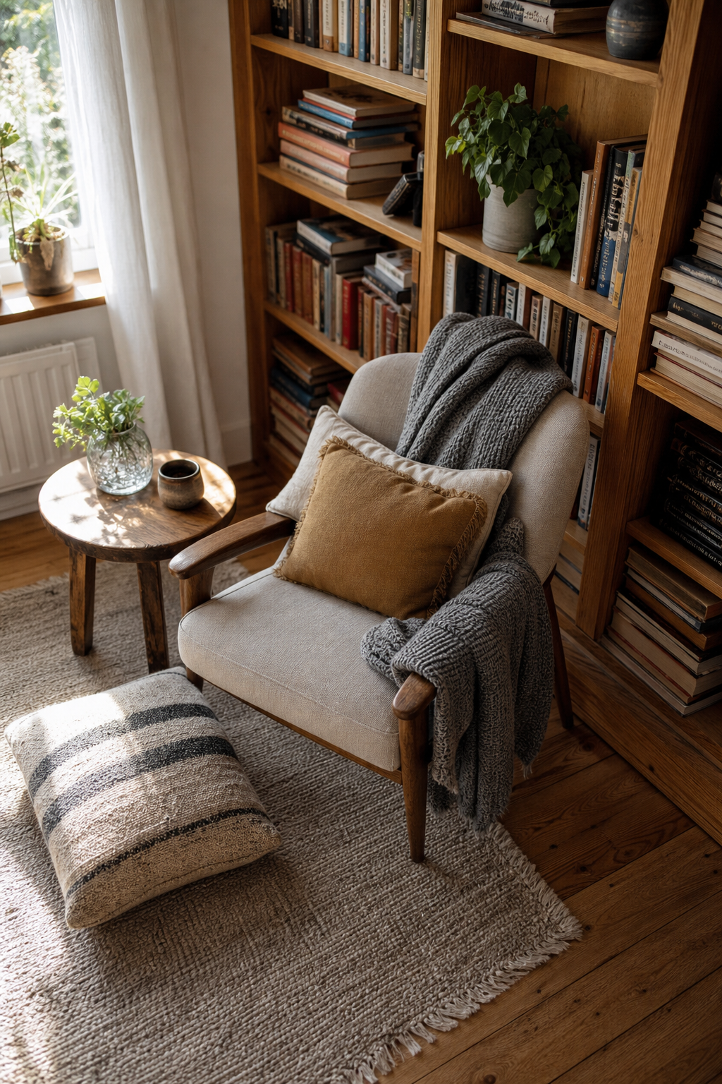 Lesebereich mit Holzregal und Sessel