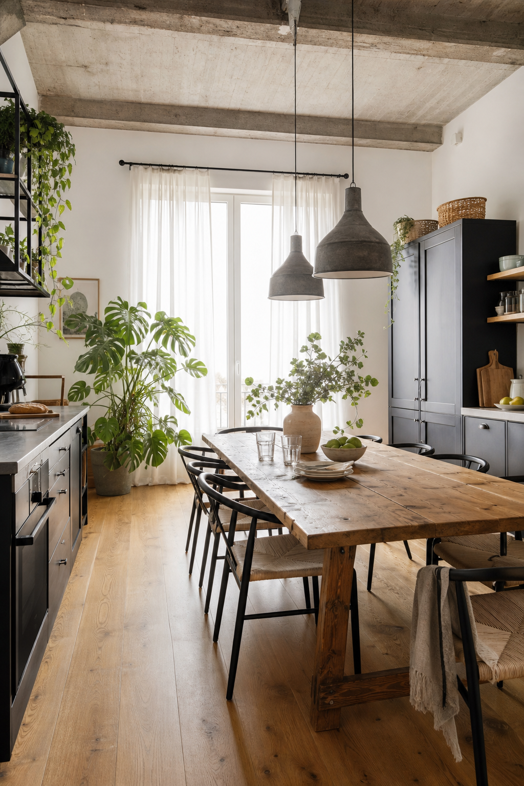 Loftkueche dunkle fronten langer holztisch