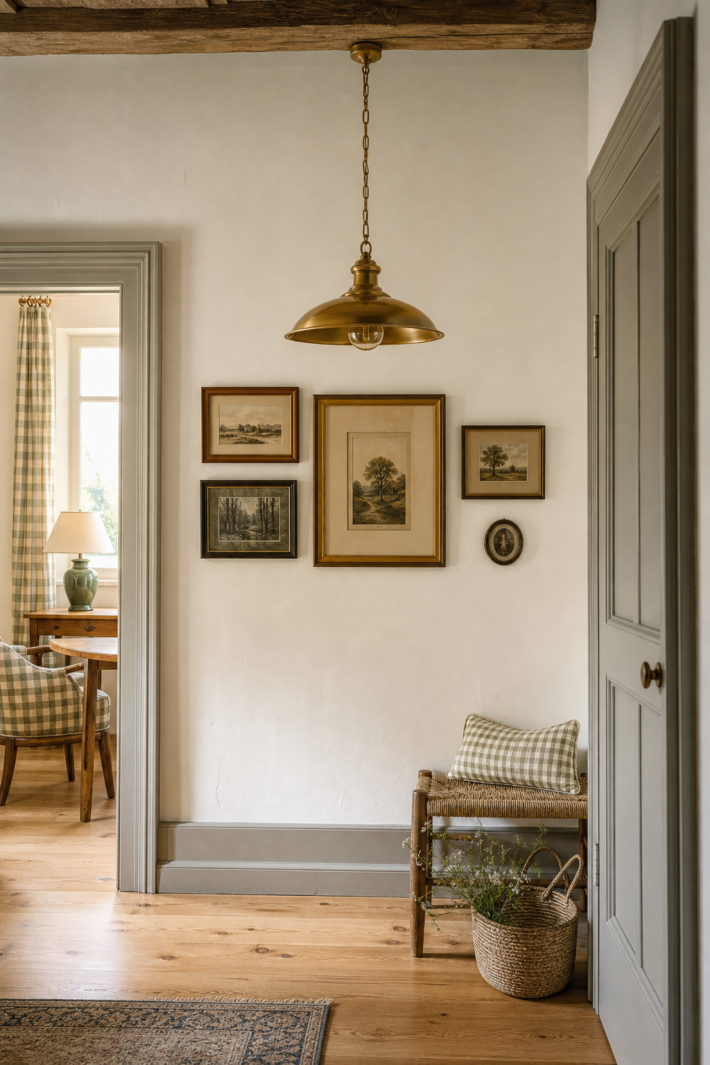 Messinglampe über gerahmten Bildern