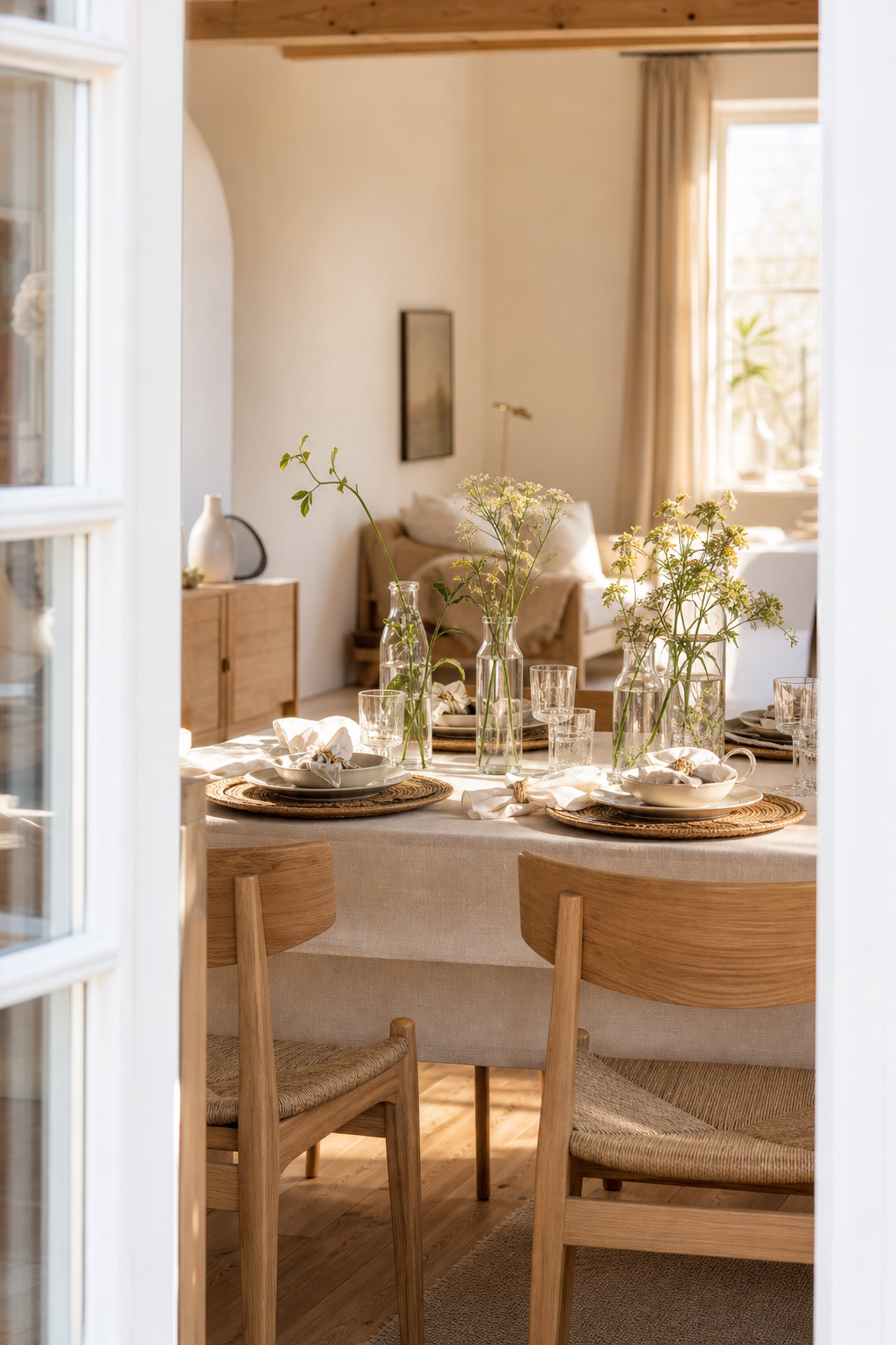 creme beige tafel glasflaschen nahaufnahme