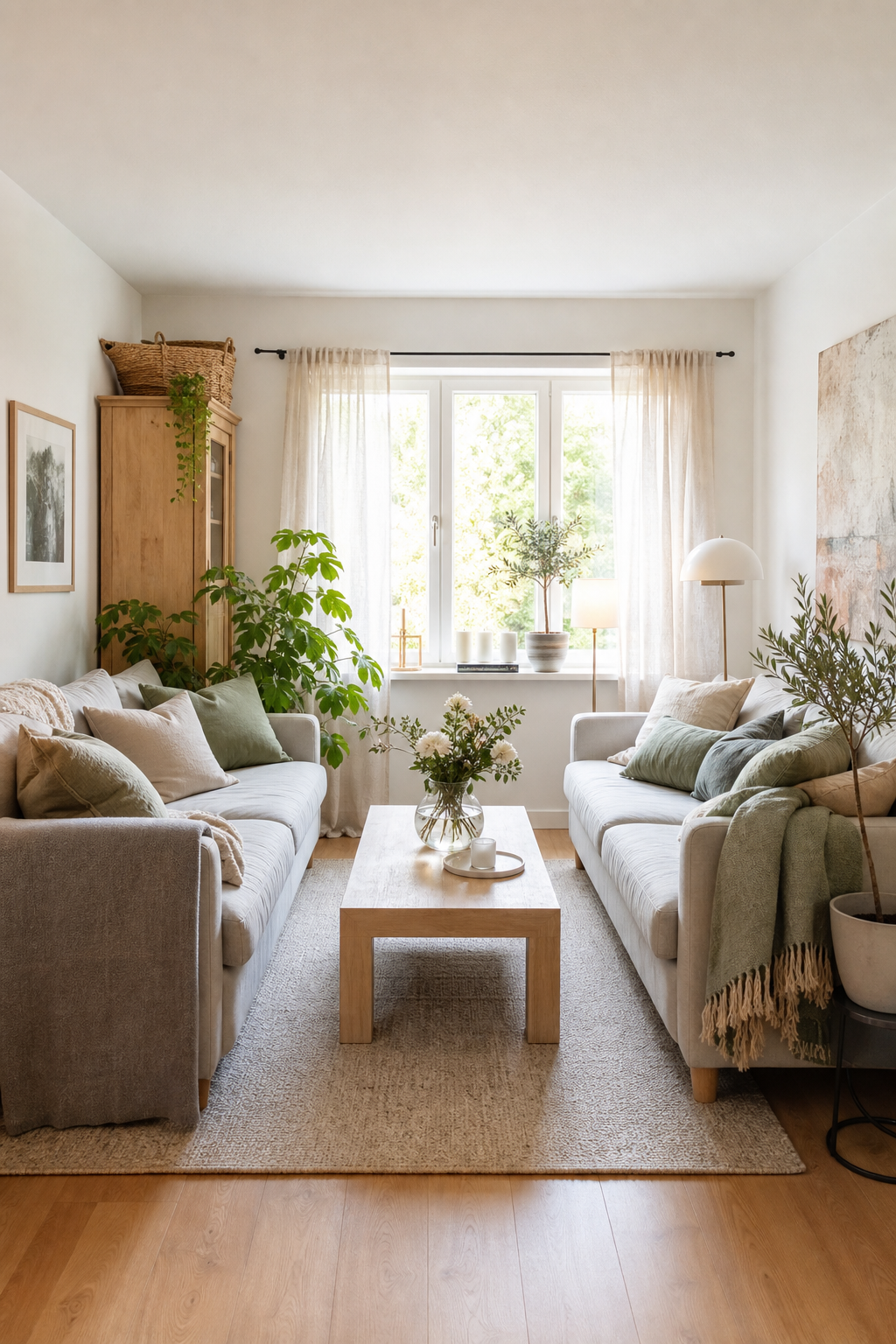 Minimalistische Lounge mit hellem Pouf-Tisch