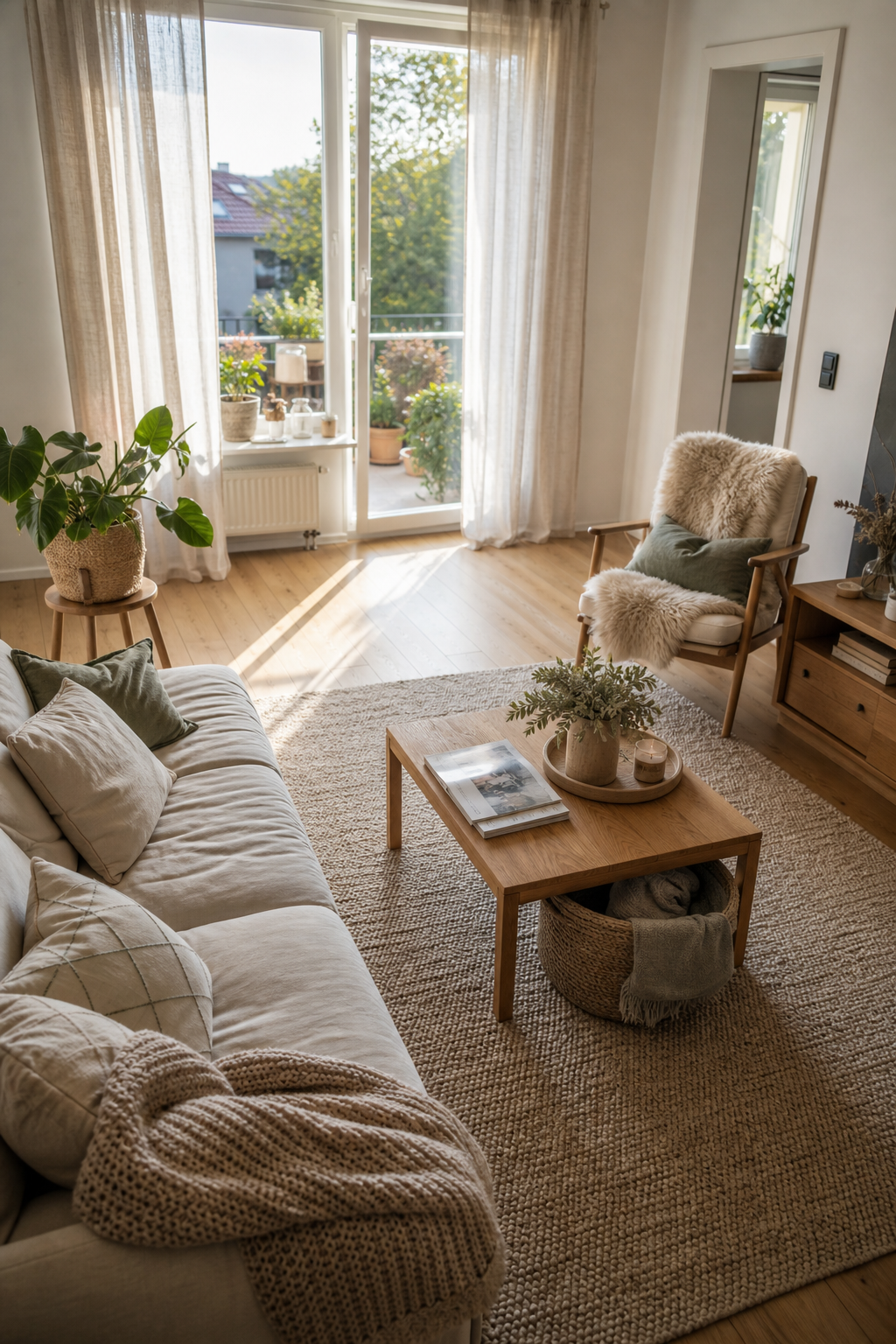 Minimalistische Sofalandschaft Naturtöne Wohnzimmer