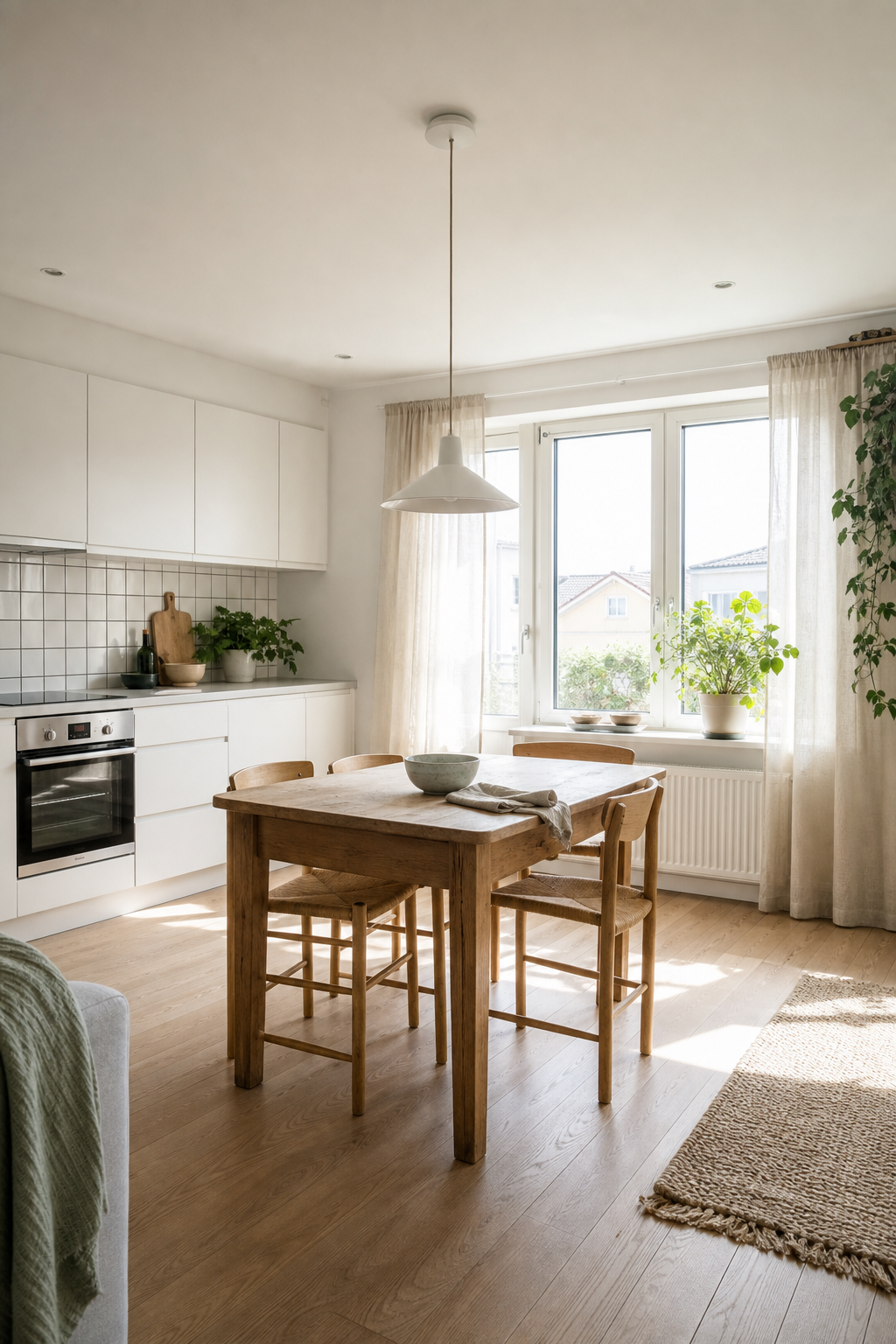 minimal weiße wohnküche mit ruhigem esstisch