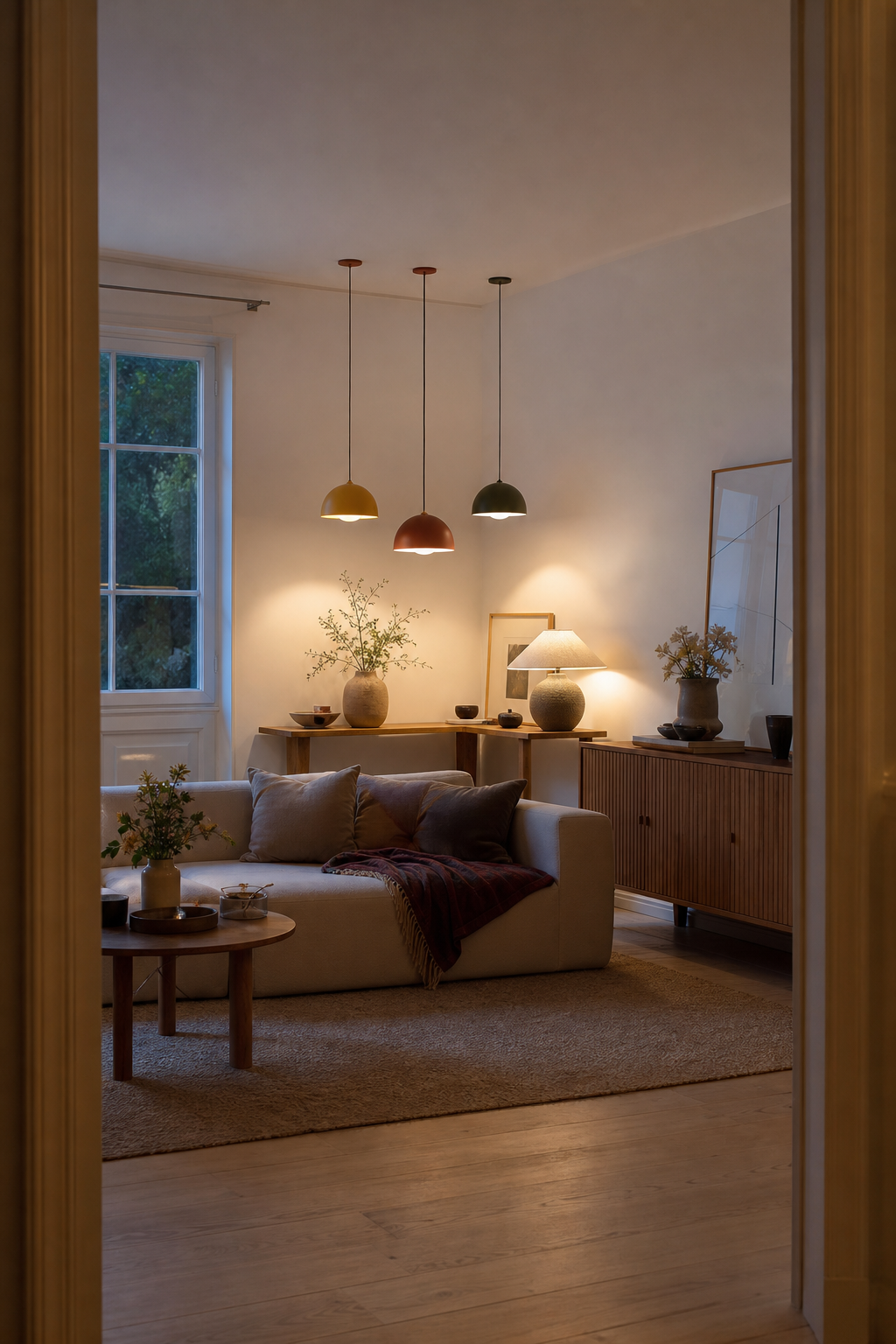 Minimalistisches Wohnzimmer mit Holzlampen