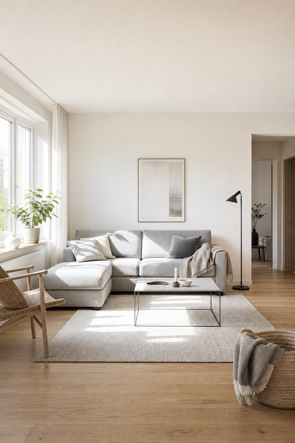 hellgraues Sofa im skandinavischen Wohnzimmer