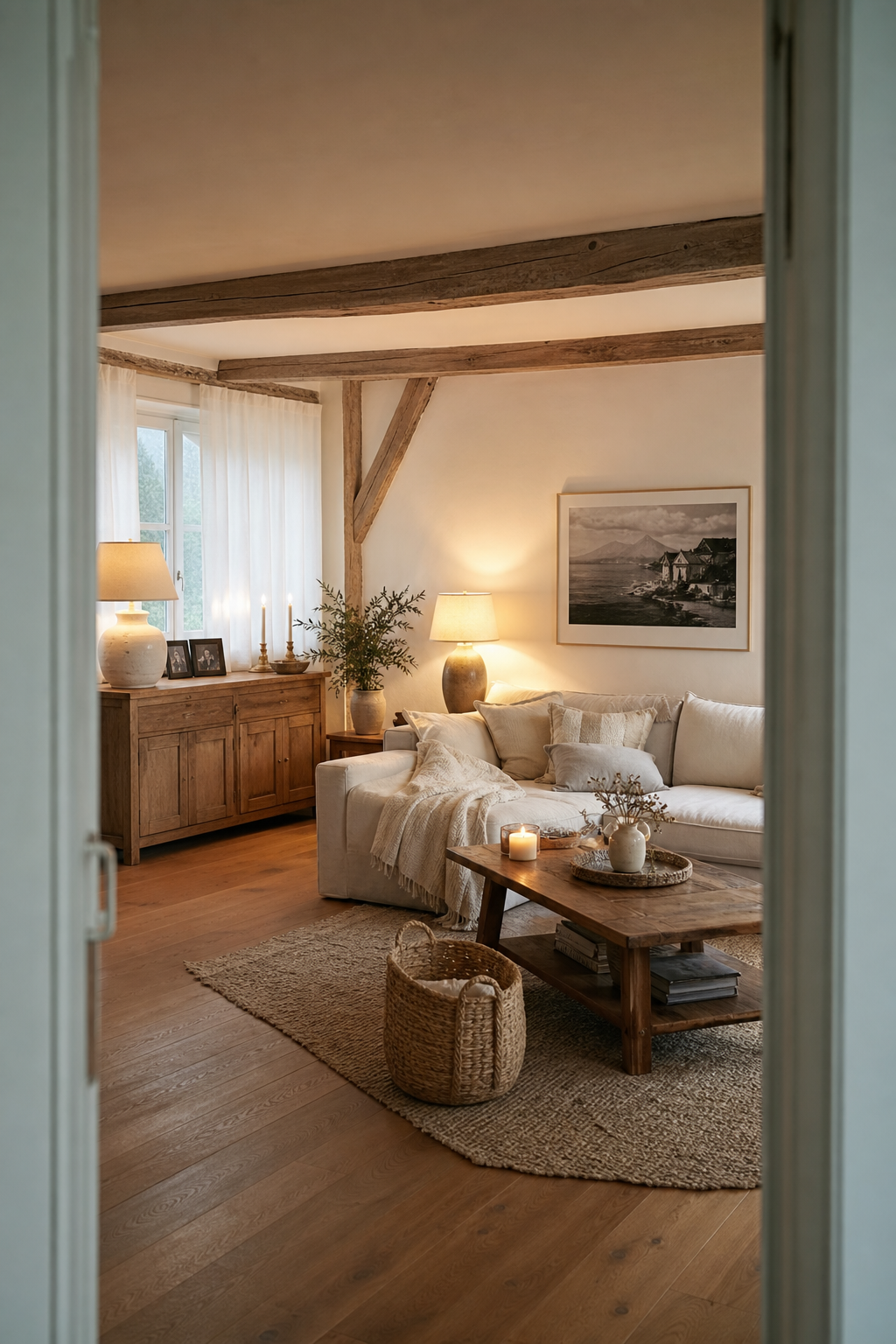 Modern-rustikales Wohnzimmer mit Holzdetails